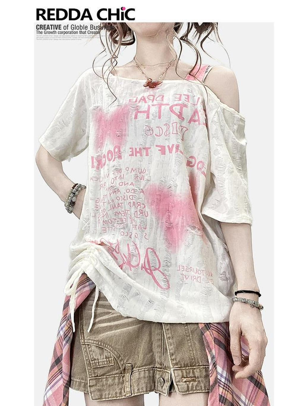 REDDACHIC Butterfly Print One Shoulder Drawstring Ripped Women'S Short Sleeve T-Shirts