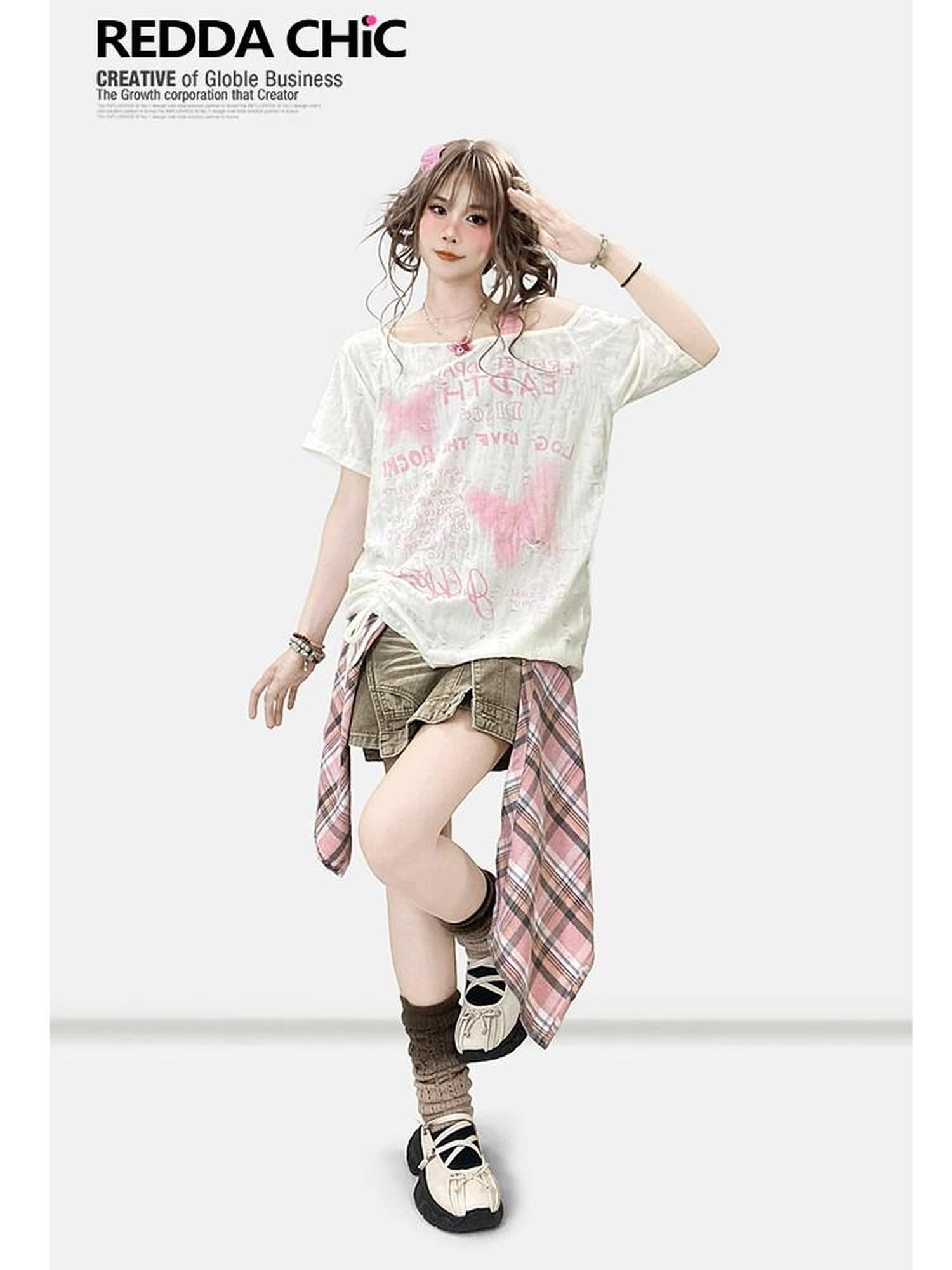 REDDACHIC Butterfly Print One Shoulder Drawstring Ripped Women'S Short Sleeve T-Shirts