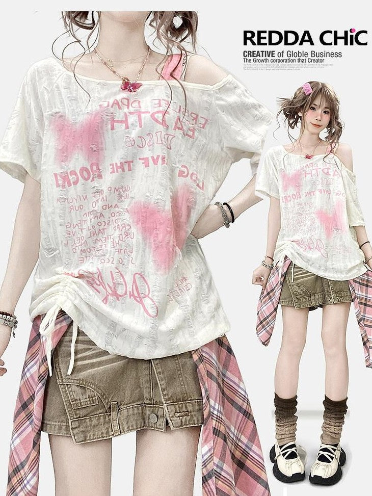 REDDACHIC Butterfly Print One Shoulder Drawstring Ripped Women'S Short Sleeve T-Shirts