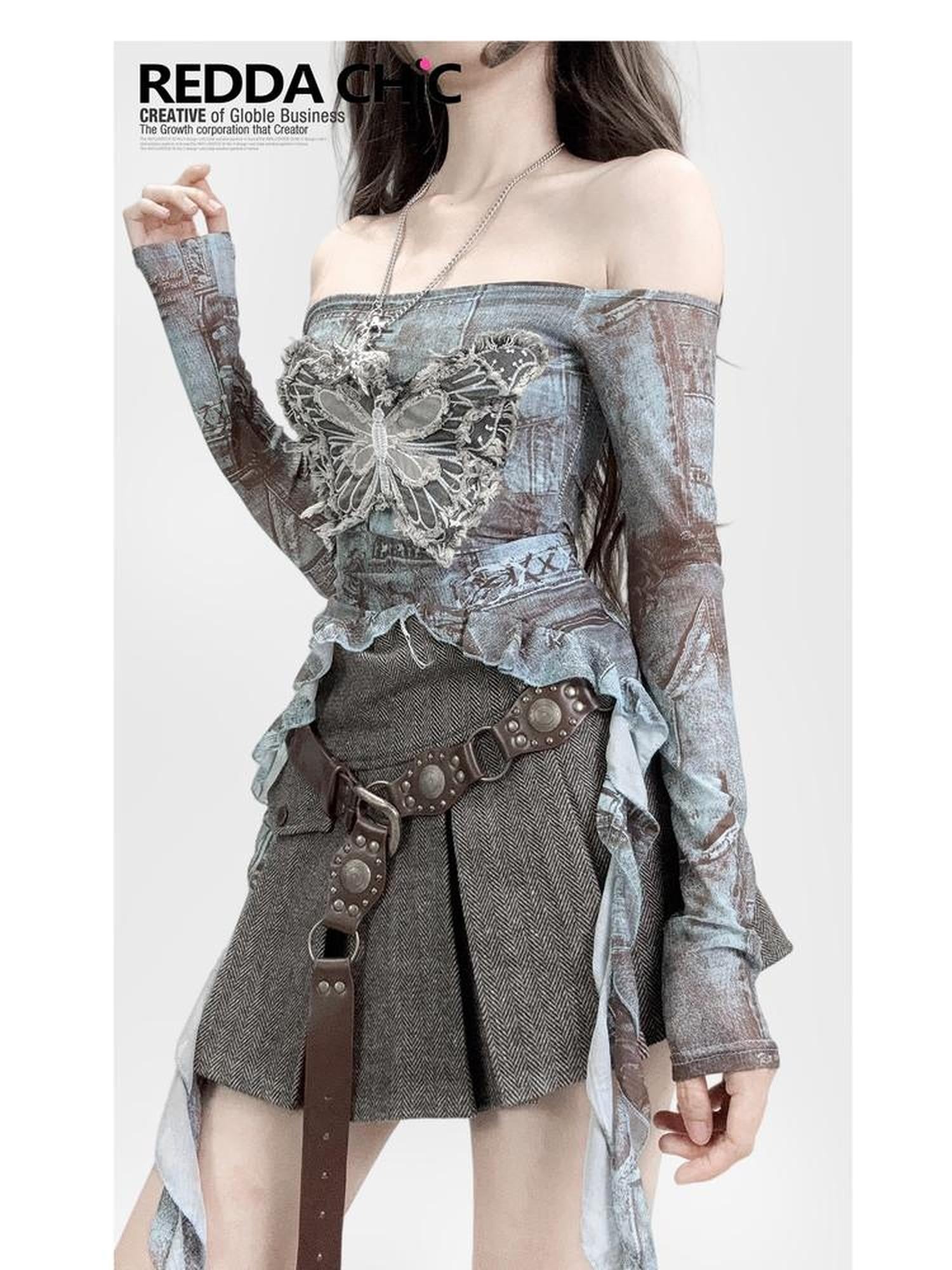 REDDACHIC Butterfly Ruffle Off Shoulder Cropped Women'S Mesh Long Sleeve T-Shirts
