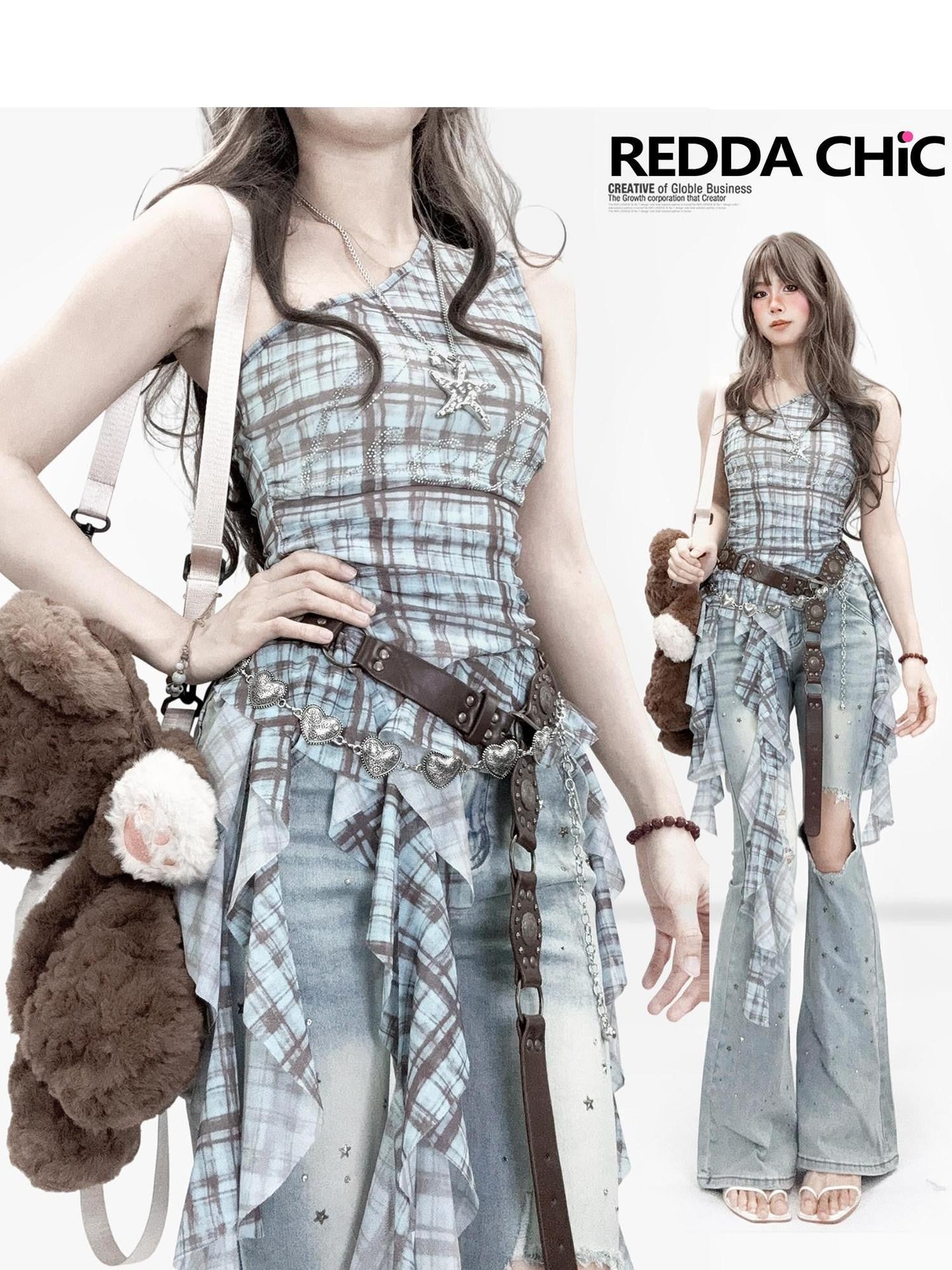 REDDACHIC Checked Asymmetric Shoulder Ruffle Cinched Waist Women'S Mesh Tank Tops