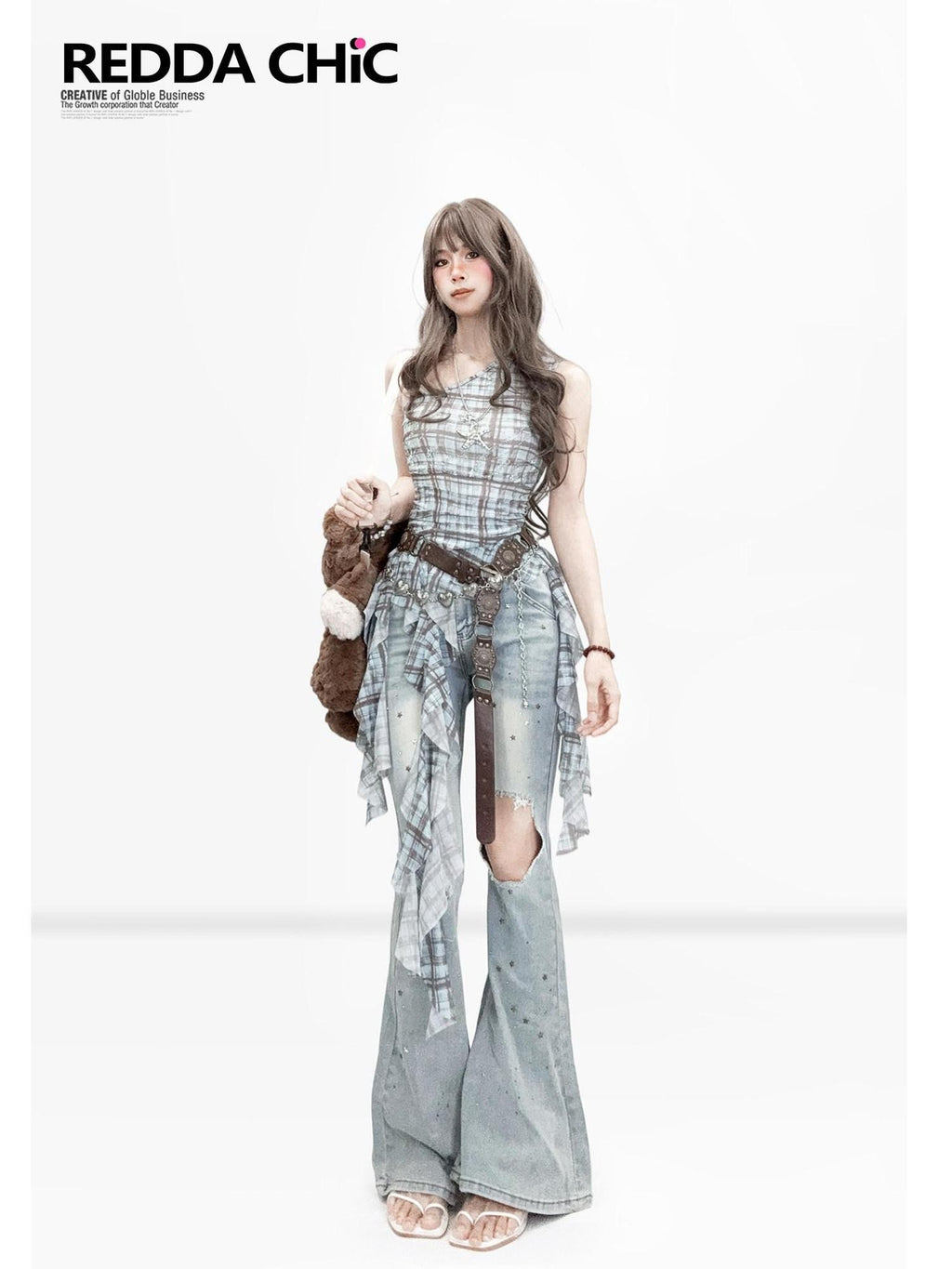 REDDACHIC Checked Asymmetric Shoulder Ruffle Cinched Waist Women'S Mesh Tank Tops
