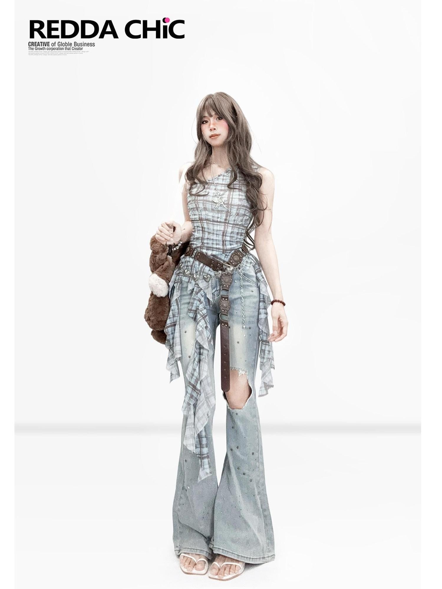 REDDACHIC Checked Asymmetric Shoulder Ruffle Cinched Waist Women'S Mesh Tank Tops