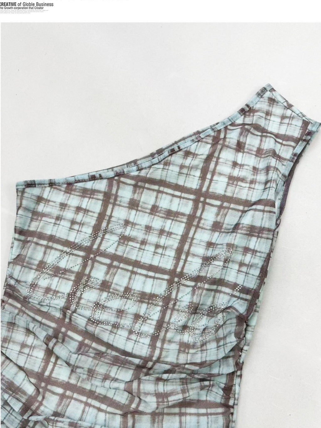 REDDACHIC Checked Asymmetric Shoulder Ruffle Cinched Waist Women'S Mesh Tank Tops