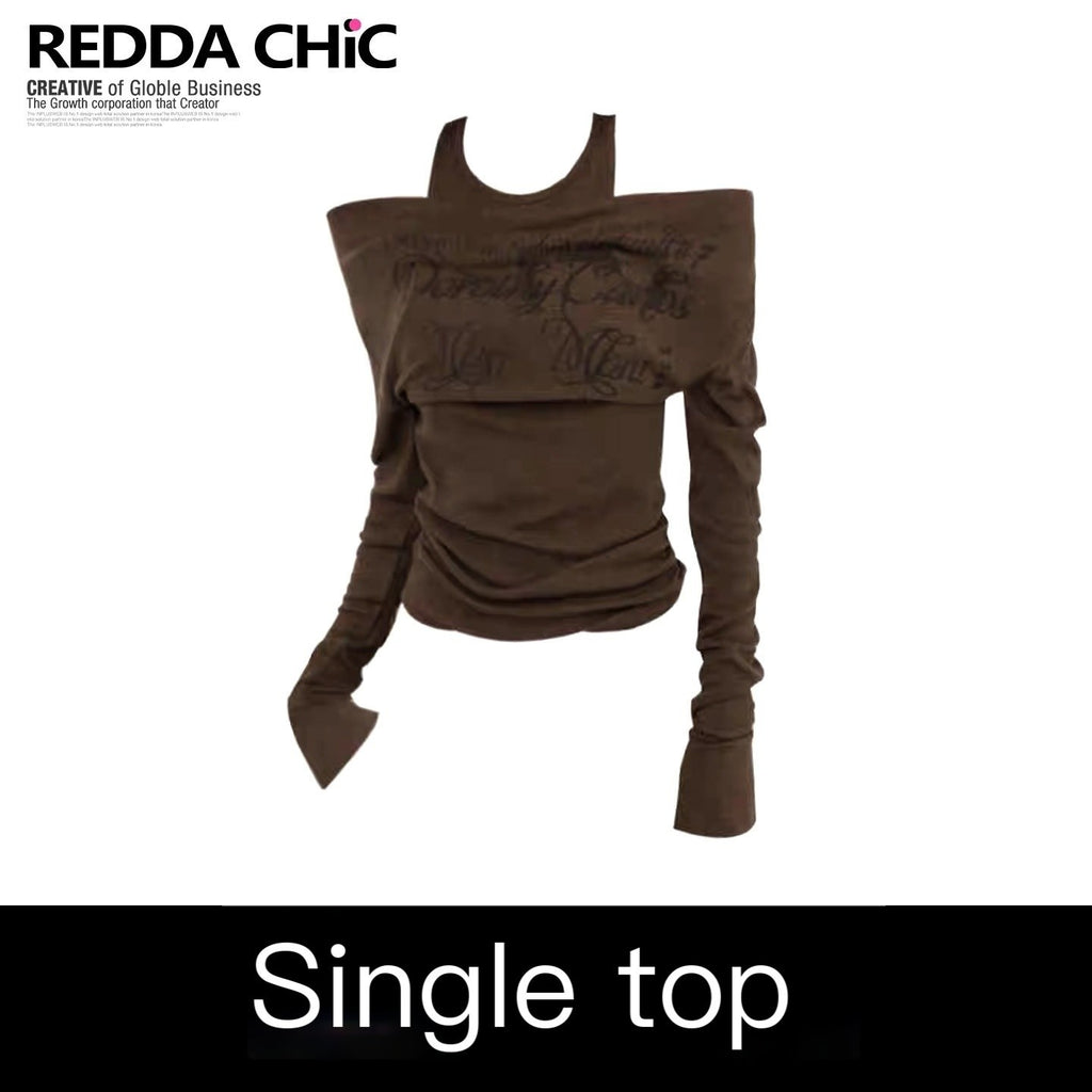 REDDACHIC_Coffee_Brown_Halter_One_Shoulder_Bell_Sleeves_Slim_Women'S_Long_Sleeve_T-Shirts_MISSTT