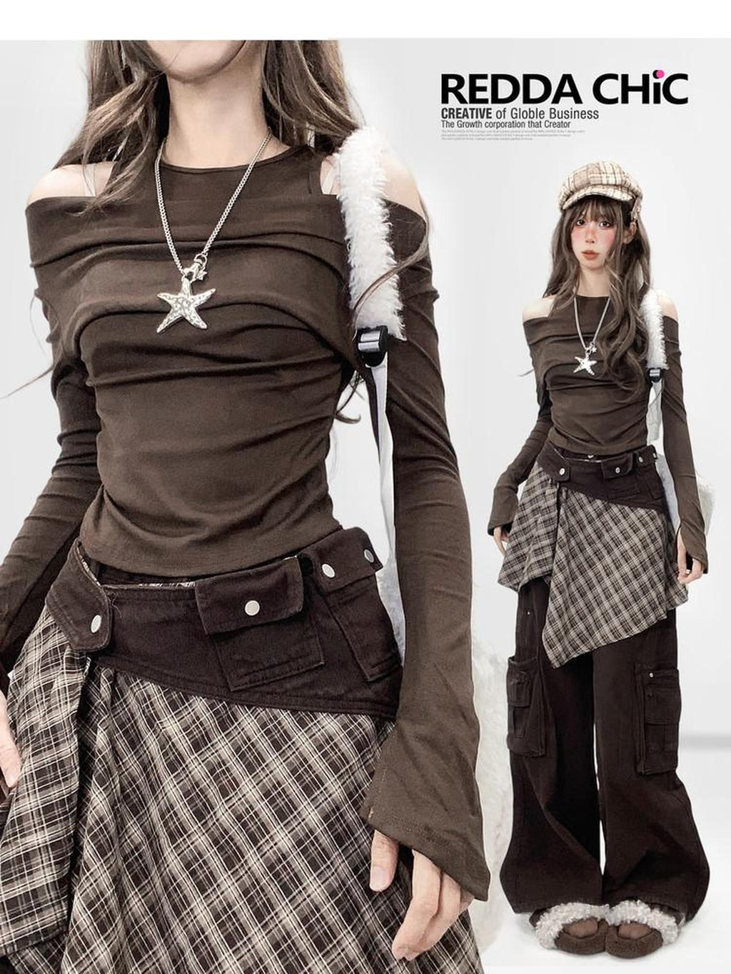 REDDACHIC Coffee Brown Halter One Shoulder Bell Sleeves Slim Women'S Long Sleeve T-Shirts