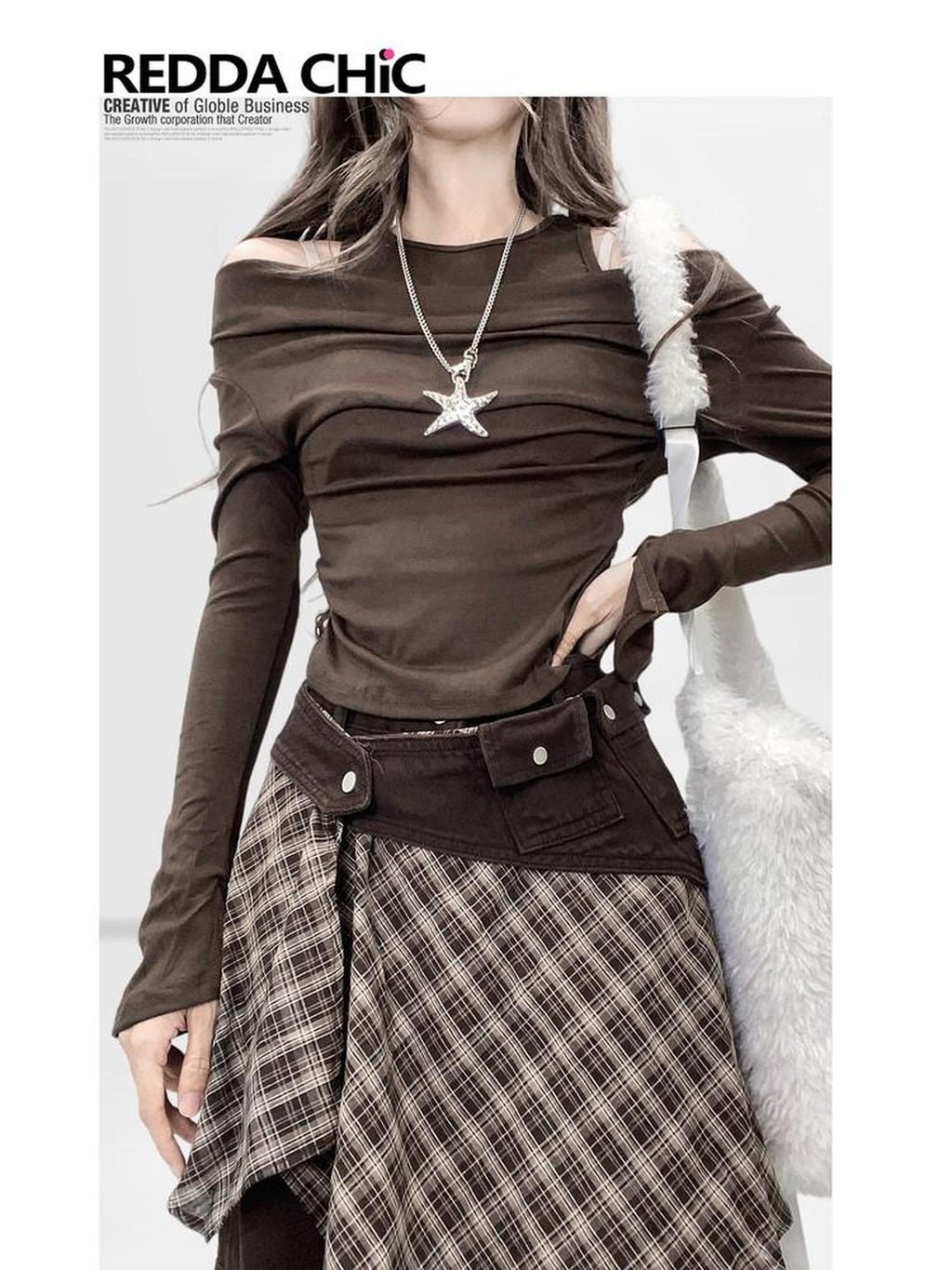 REDDACHIC Coffee Brown Halter One Shoulder Bell Sleeves Slim Women'S Long Sleeve T-Shirts