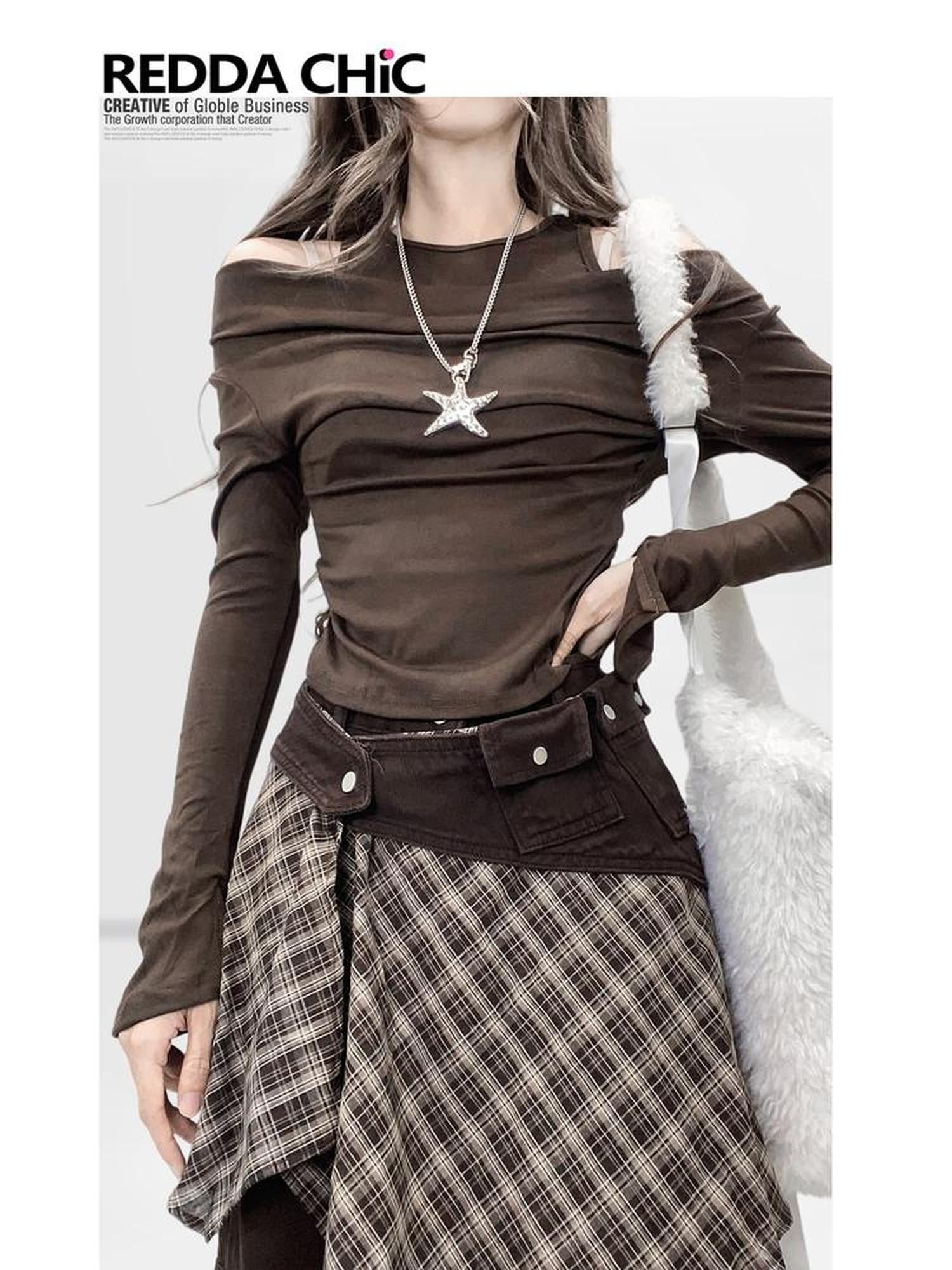 REDDACHIC Coffee Brown Halter One Shoulder Bell Sleeves Slim Women'S Long Sleeve T-Shirts