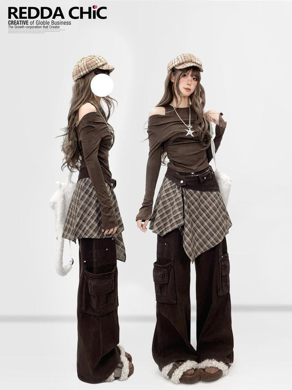 REDDACHIC Coffee Brown Halter One Shoulder Bell Sleeves Slim Women'S Long Sleeve T-Shirts