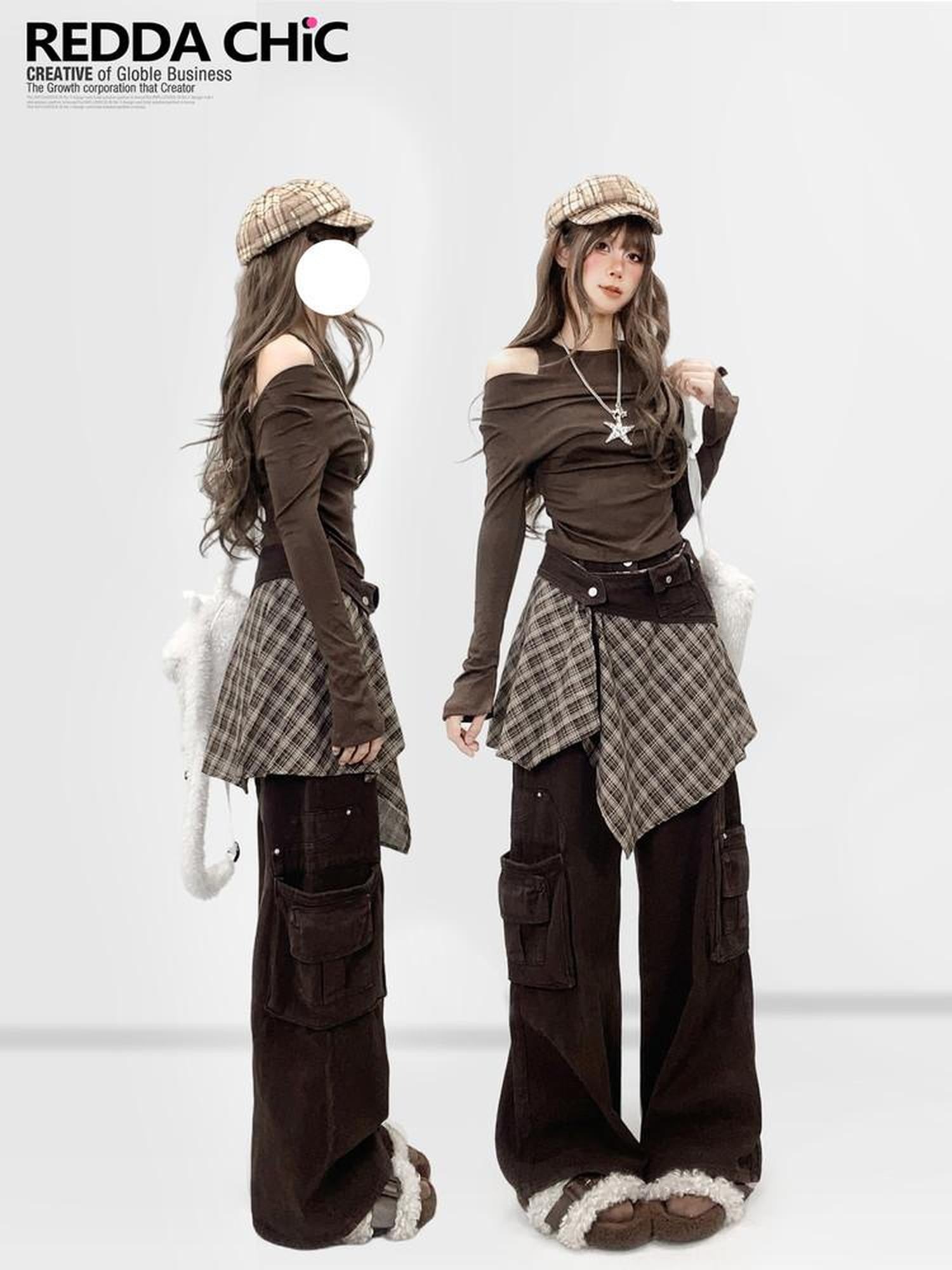 REDDACHIC Coffee Brown Halter One Shoulder Bell Sleeves Slim Women'S Long Sleeve T-Shirts