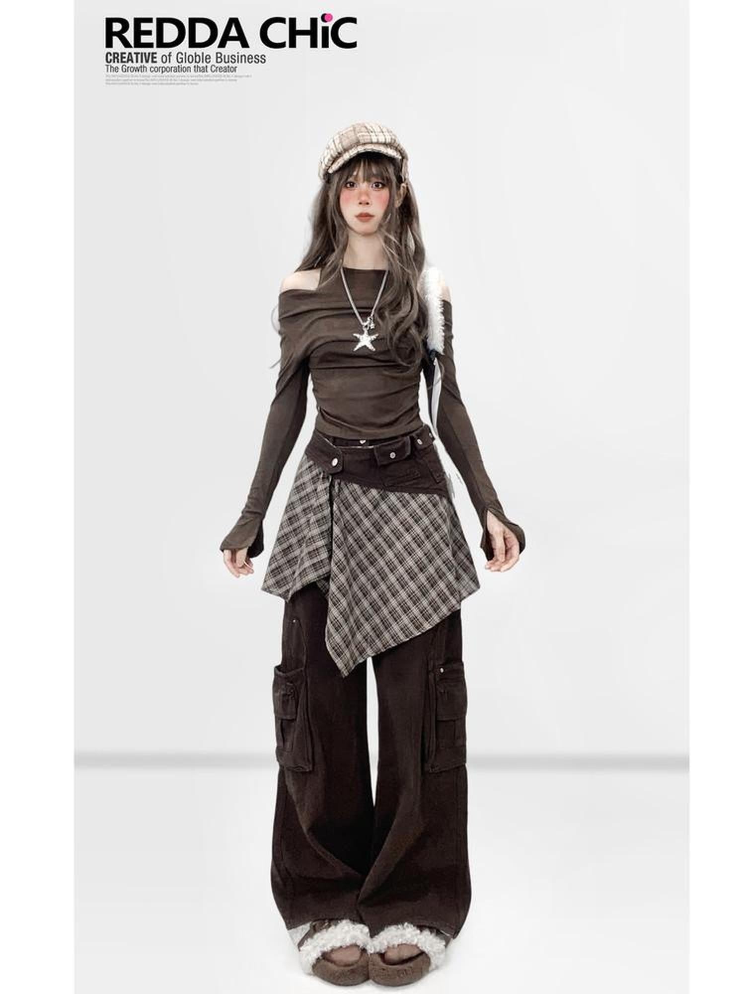 REDDACHIC Coffee Brown Halter One Shoulder Bell Sleeves Slim Women'S Long Sleeve T-Shirts