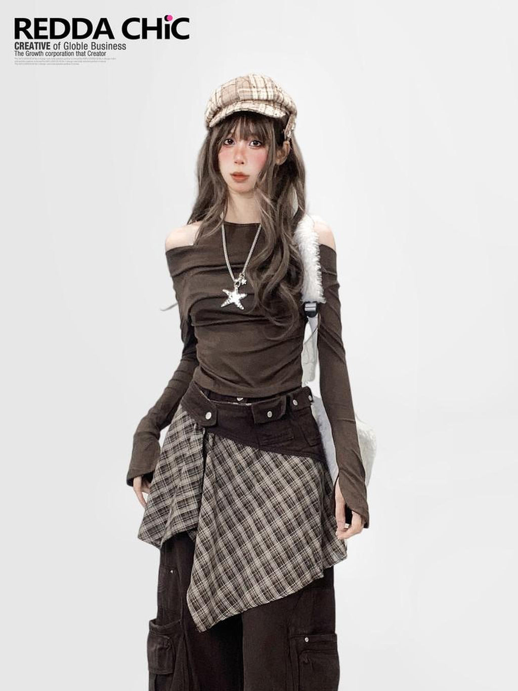 REDDACHIC Coffee Brown Halter One Shoulder Bell Sleeves Slim Women'S Long Sleeve T-Shirts