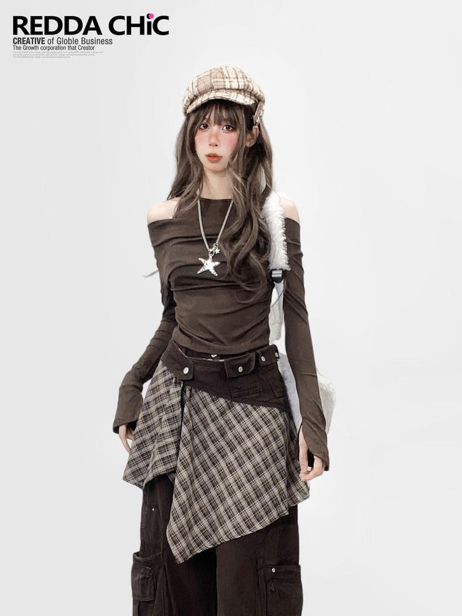 REDDACHIC Coffee Brown Halter One Shoulder Bell Sleeves Slim Women'S Long Sleeve T-Shirts