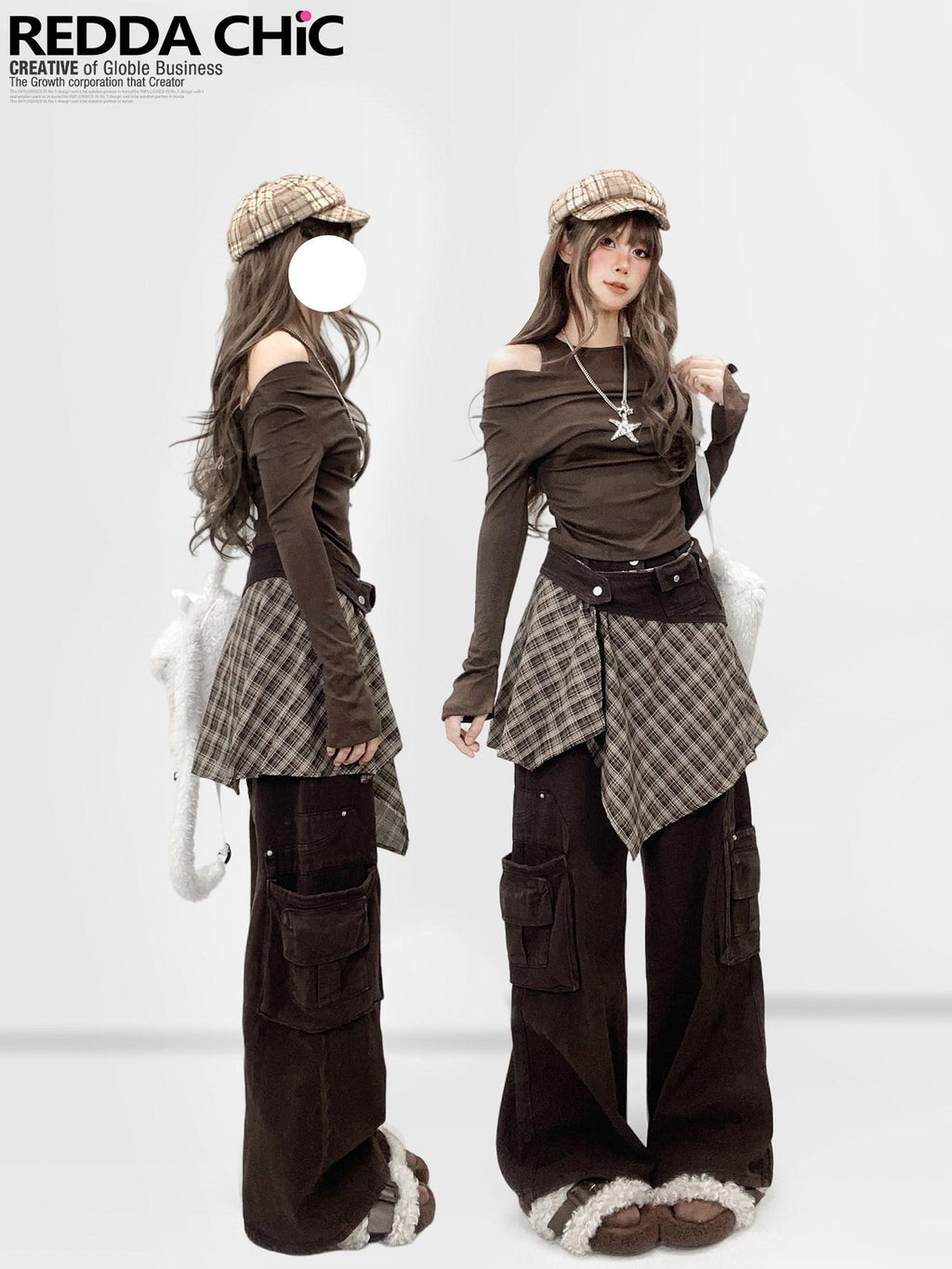 REDDACHIC Coffee Brown Halter One Shoulder Bell Sleeves Slim Women'S Long Sleeve T-Shirts