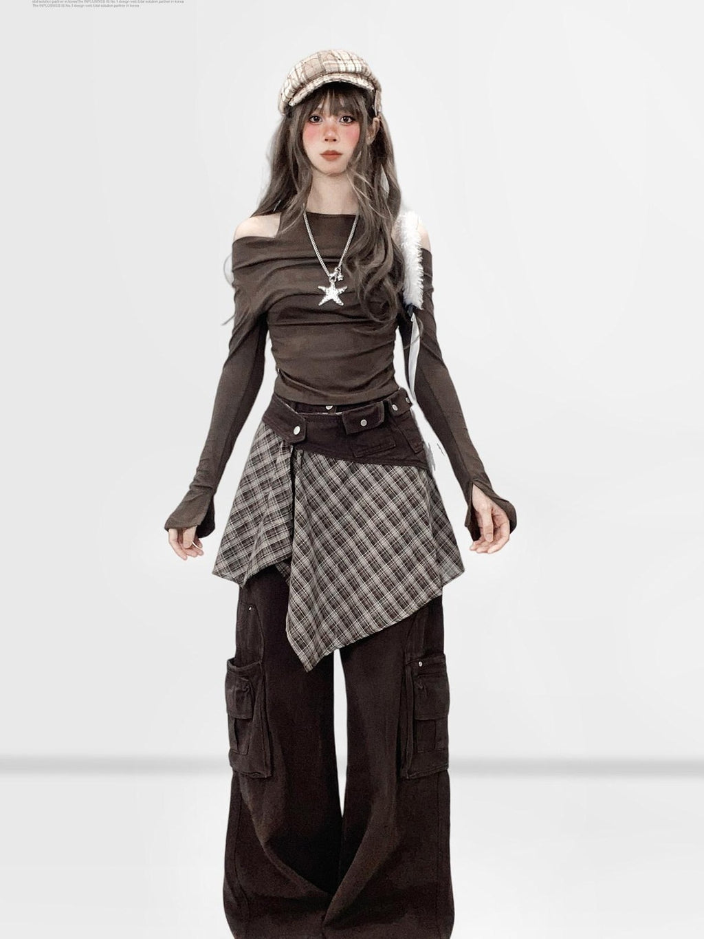 REDDACHIC Coffee Brown Halter One Shoulder Bell Sleeves Slim Women'S Long Sleeve T-Shirts