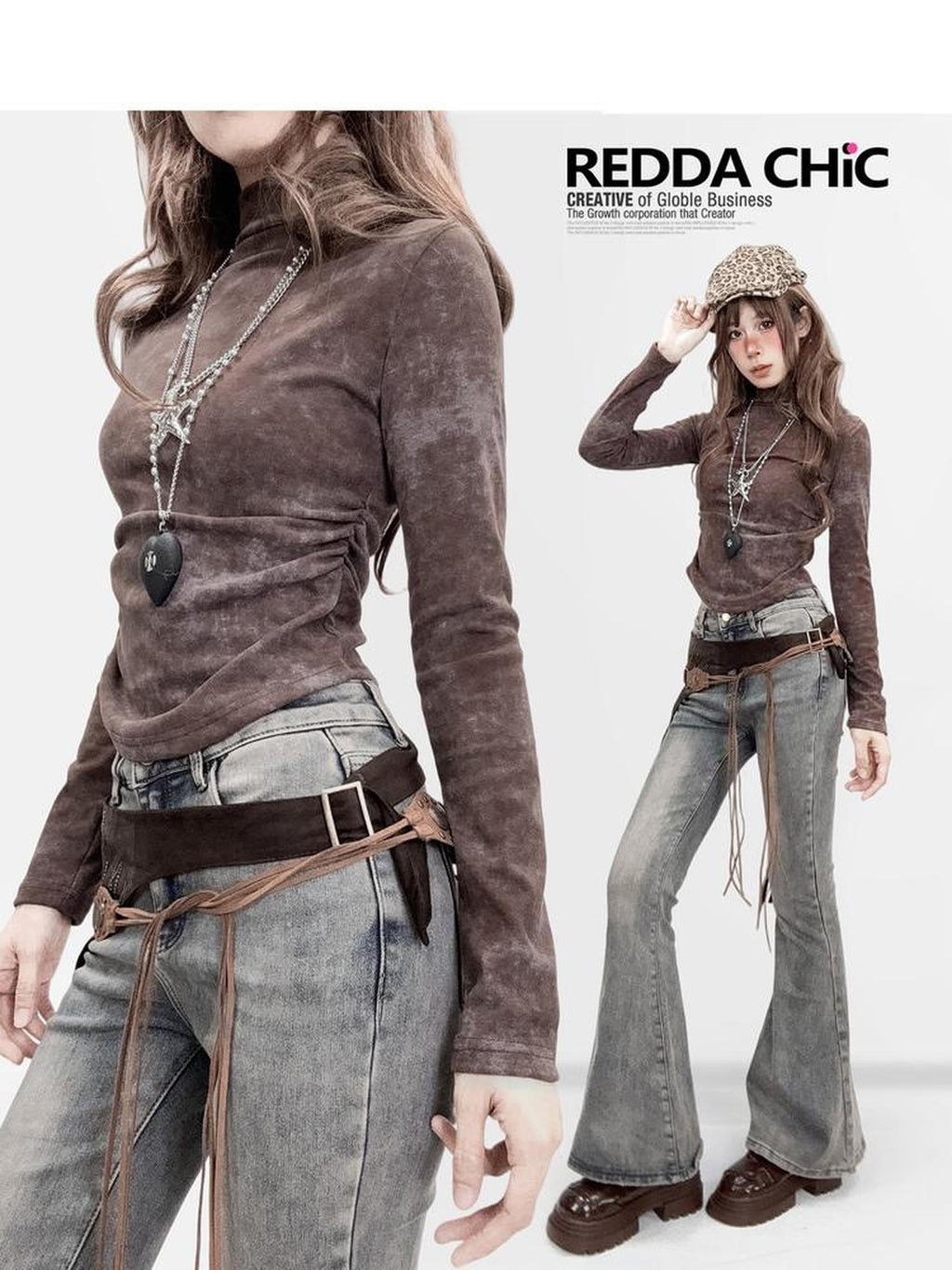 REDDACHIC Coffee Retro Tie Dye Gradient Cinched Waist Women'S Derong Long Sleeve T-Shirts