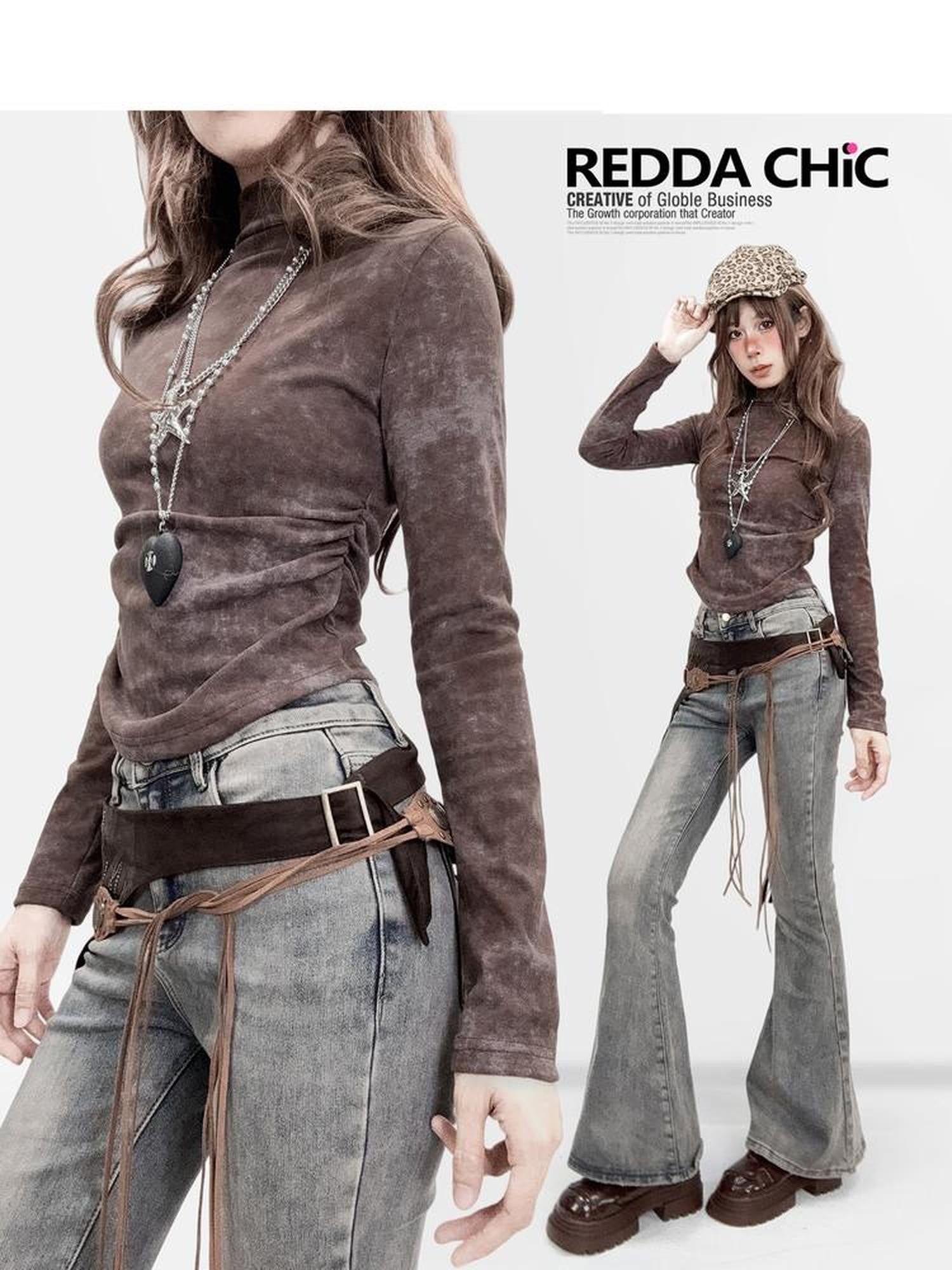 REDDACHIC Coffee Retro Tie Dye Gradient Cinched Waist Women'S Derong Long Sleeve T-Shirts