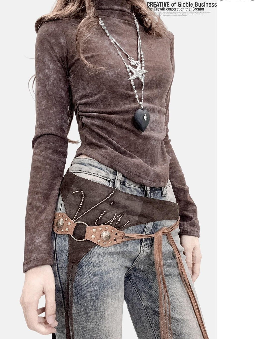 REDDACHIC Coffee Retro Tie Dye Gradient Cinched Waist Women'S Derong Long Sleeve T-Shirts