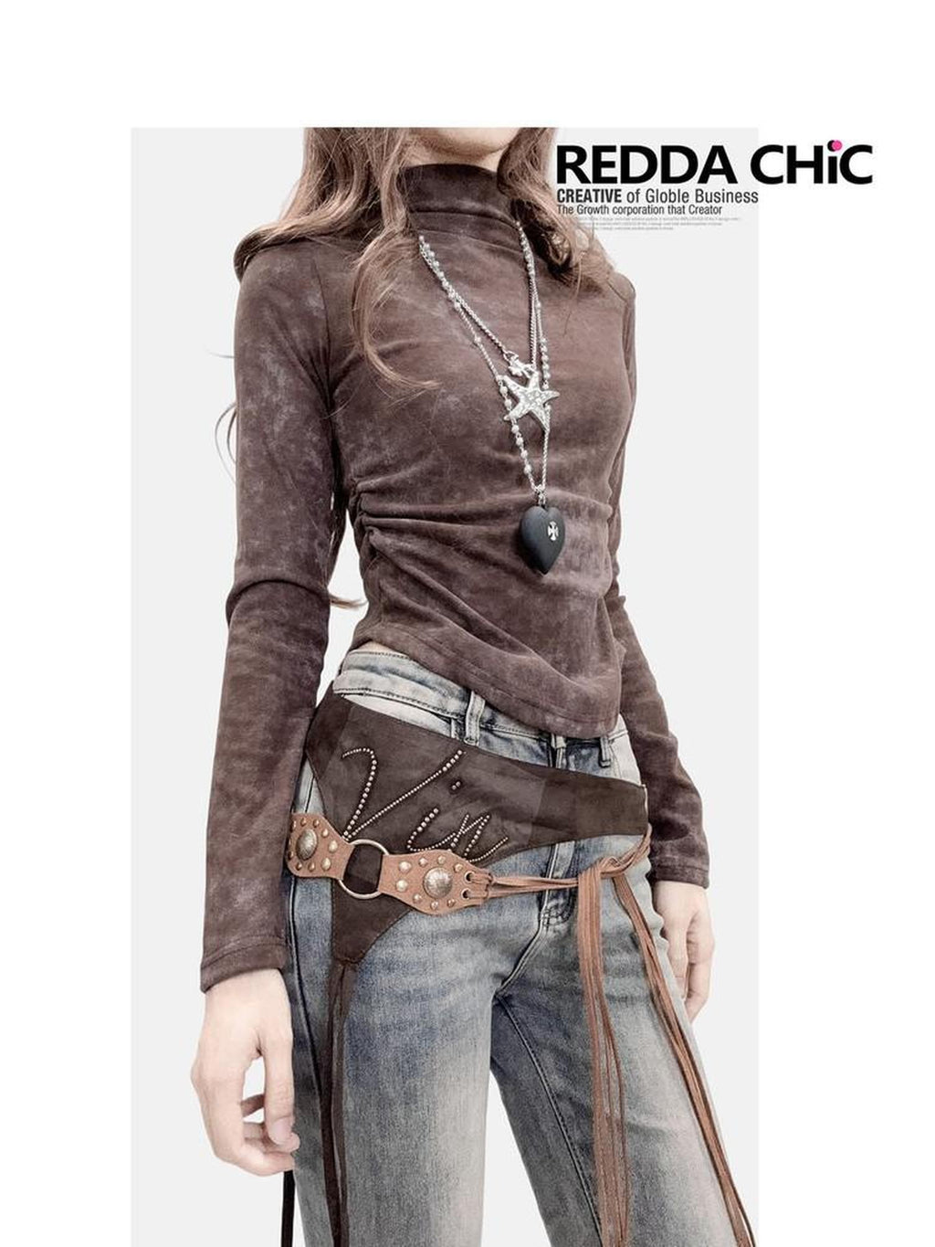 REDDACHIC Coffee Retro Tie Dye Gradient Cinched Waist Women'S Derong Long Sleeve T-Shirts