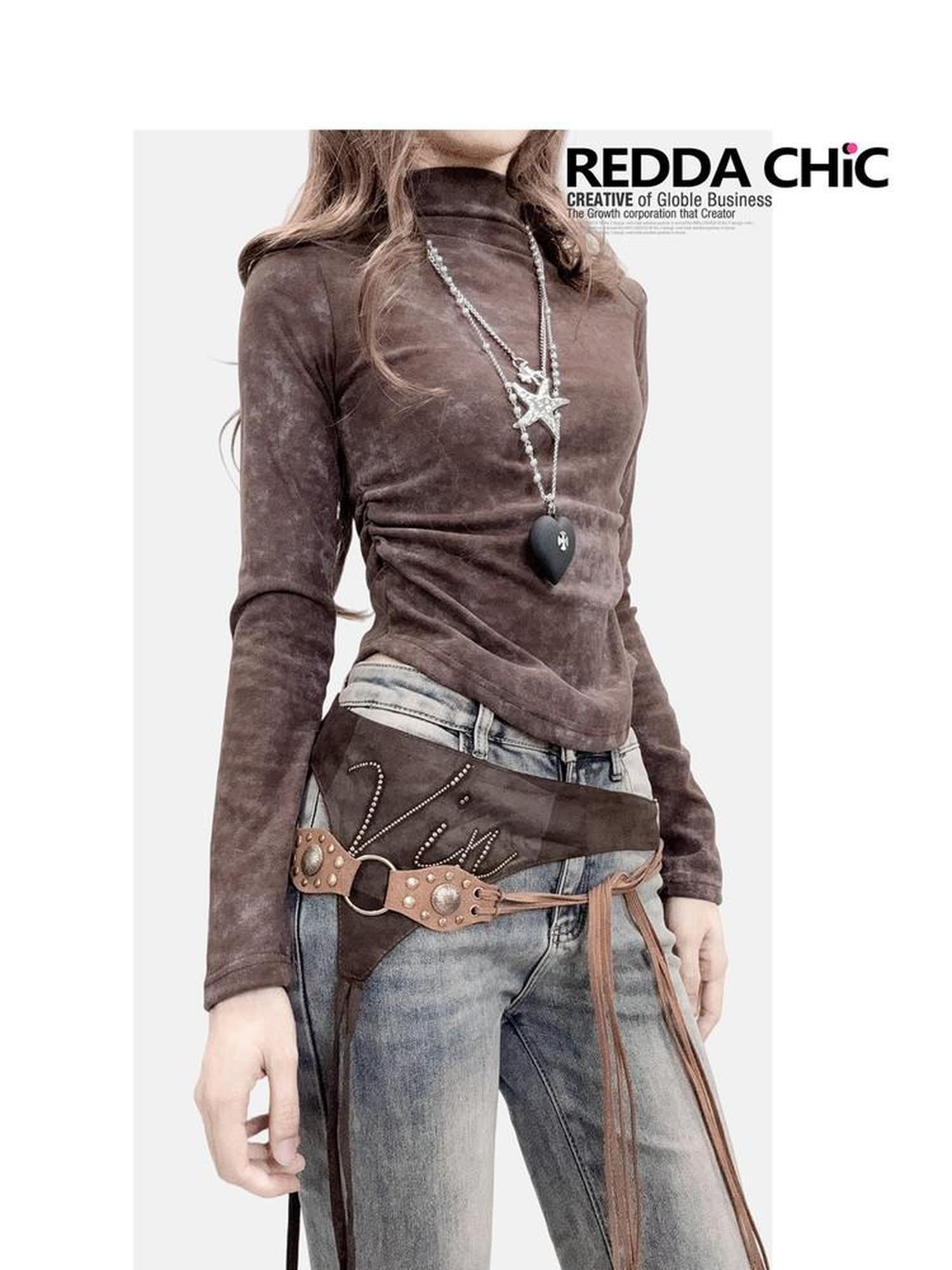 REDDACHIC Coffee Retro Tie Dye Gradient Cinched Waist Women'S Derong Long Sleeve T-Shirts