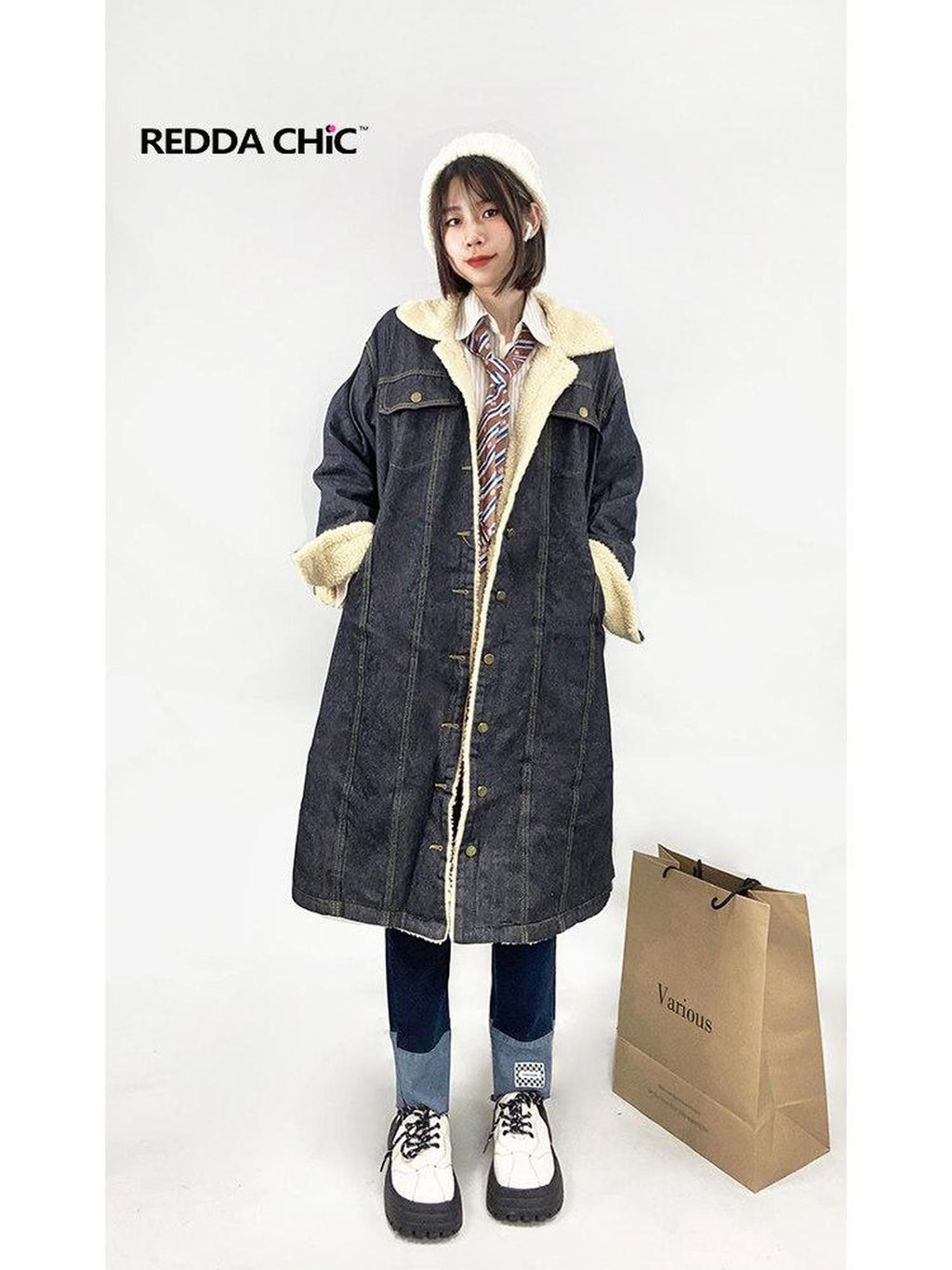 REDDACHIC College Shearling Collar Mid Length Loose Fit Women'S Cotton Puffer Jackets
