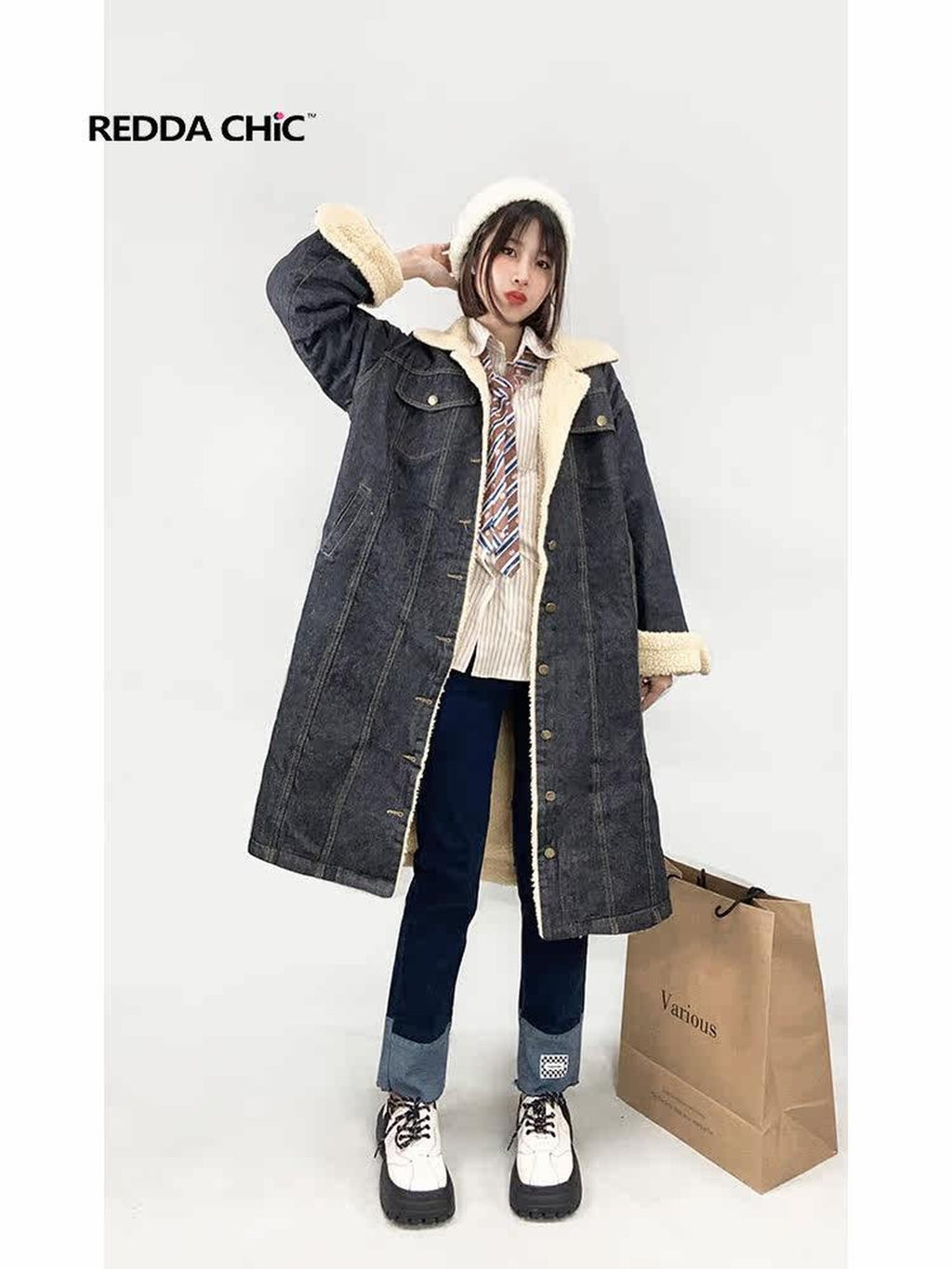 REDDACHIC College Shearling Collar Mid Length Loose Fit Women'S Cotton Puffer Jackets