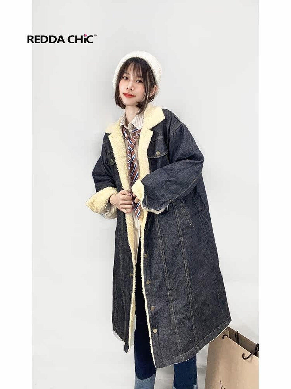 REDDACHIC College Shearling Collar Mid Length Loose Fit Women'S Cotton Puffer Jackets