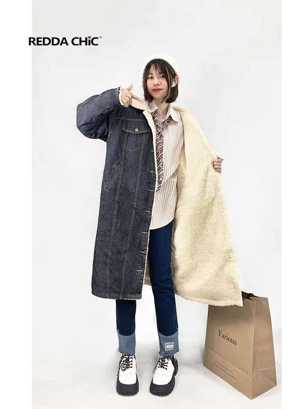 REDDACHIC College Shearling Collar Mid Length Loose Fit Women'S Cotton Puffer Jackets