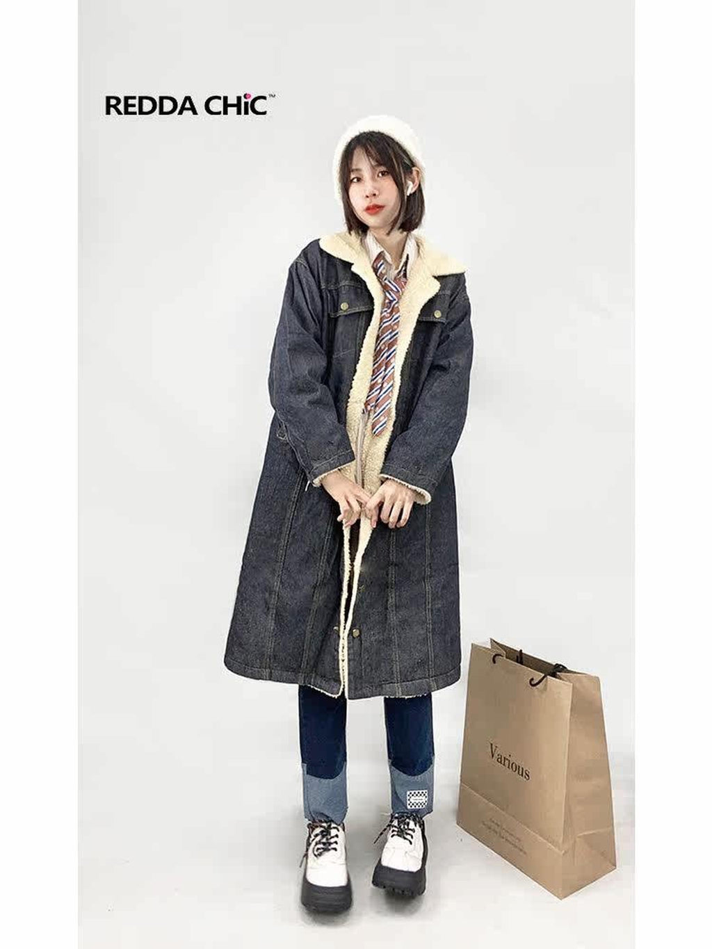REDDACHIC College Shearling Collar Mid Length Loose Fit Women'S Cotton Puffer Jackets