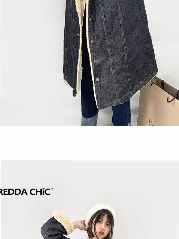REDDACHIC College Shearling Collar Mid Length Loose Fit Women'S Cotton Puffer Jackets