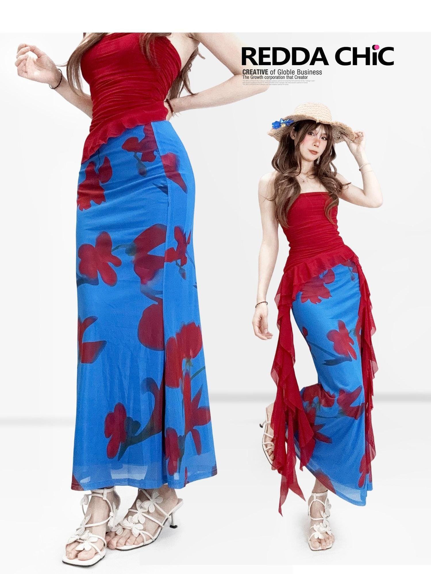 REDDACHIC Colorblock Klein Blue Asymmetric Fringe Highwaist Women'S Printed Maxi Skirts
