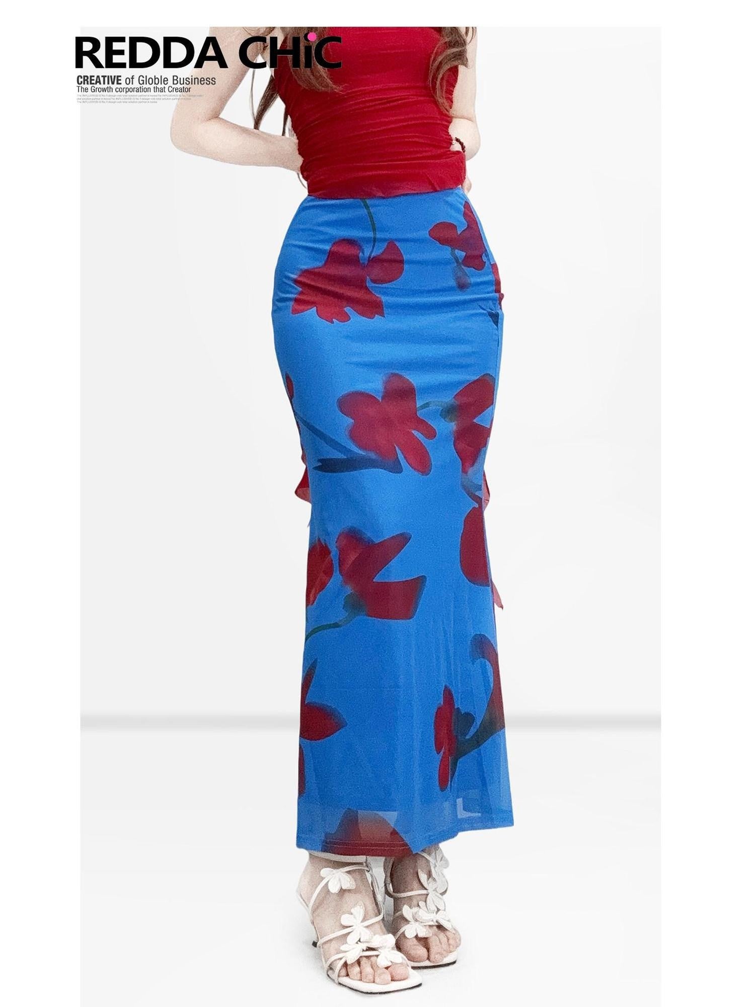 REDDACHIC Colorblock Klein Blue Asymmetric Fringe Highwaist Women'S Printed Maxi Skirts