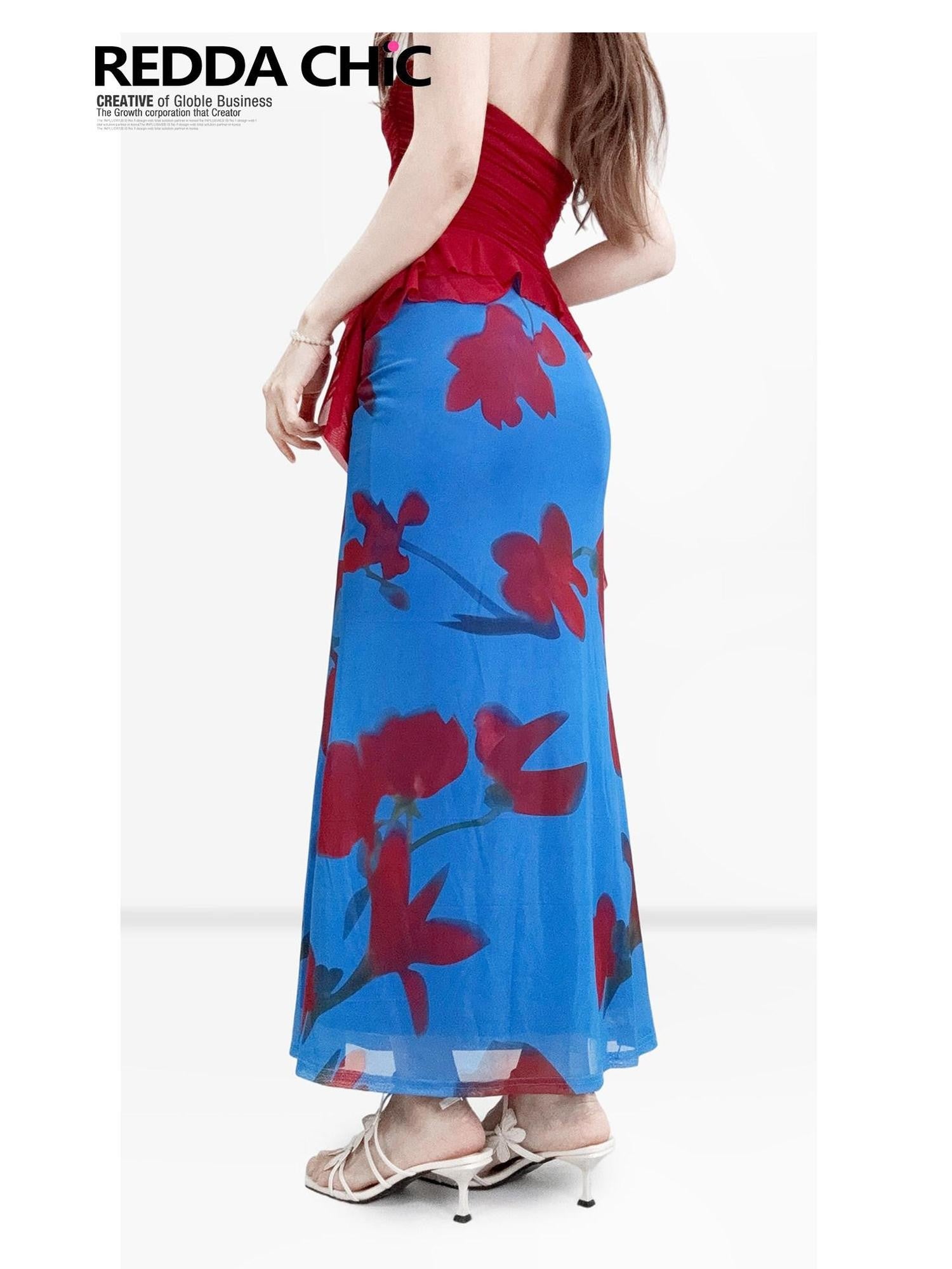 REDDACHIC Colorblock Klein Blue Asymmetric Fringe Highwaist Women'S Printed Maxi Skirts