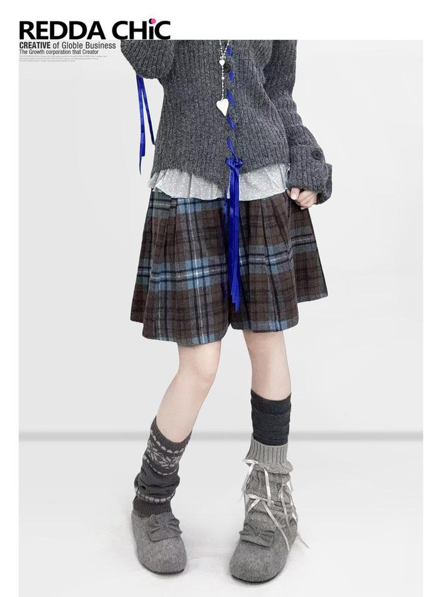 REDDACHIC Colorblock Plaid A Line High Waist Women'S Wool Blend Mini Skirts