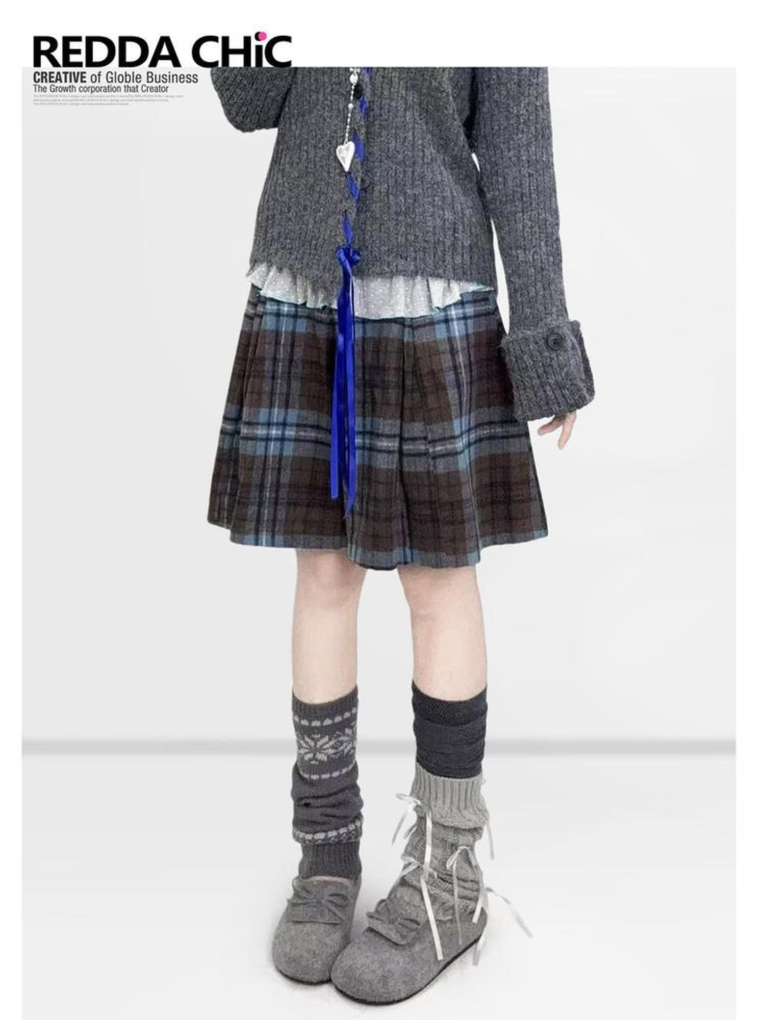 REDDACHIC Colorblock Plaid A Line High Waist Women'S Wool Blend Mini Skirts