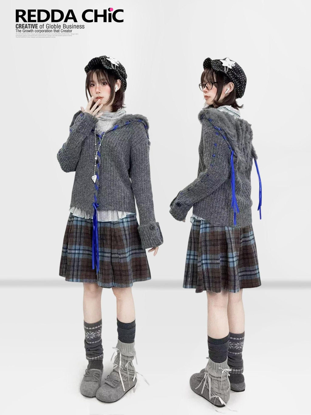 REDDACHIC Colorblock Plaid A Line High Waist Women'S Wool Blend Mini Skirts