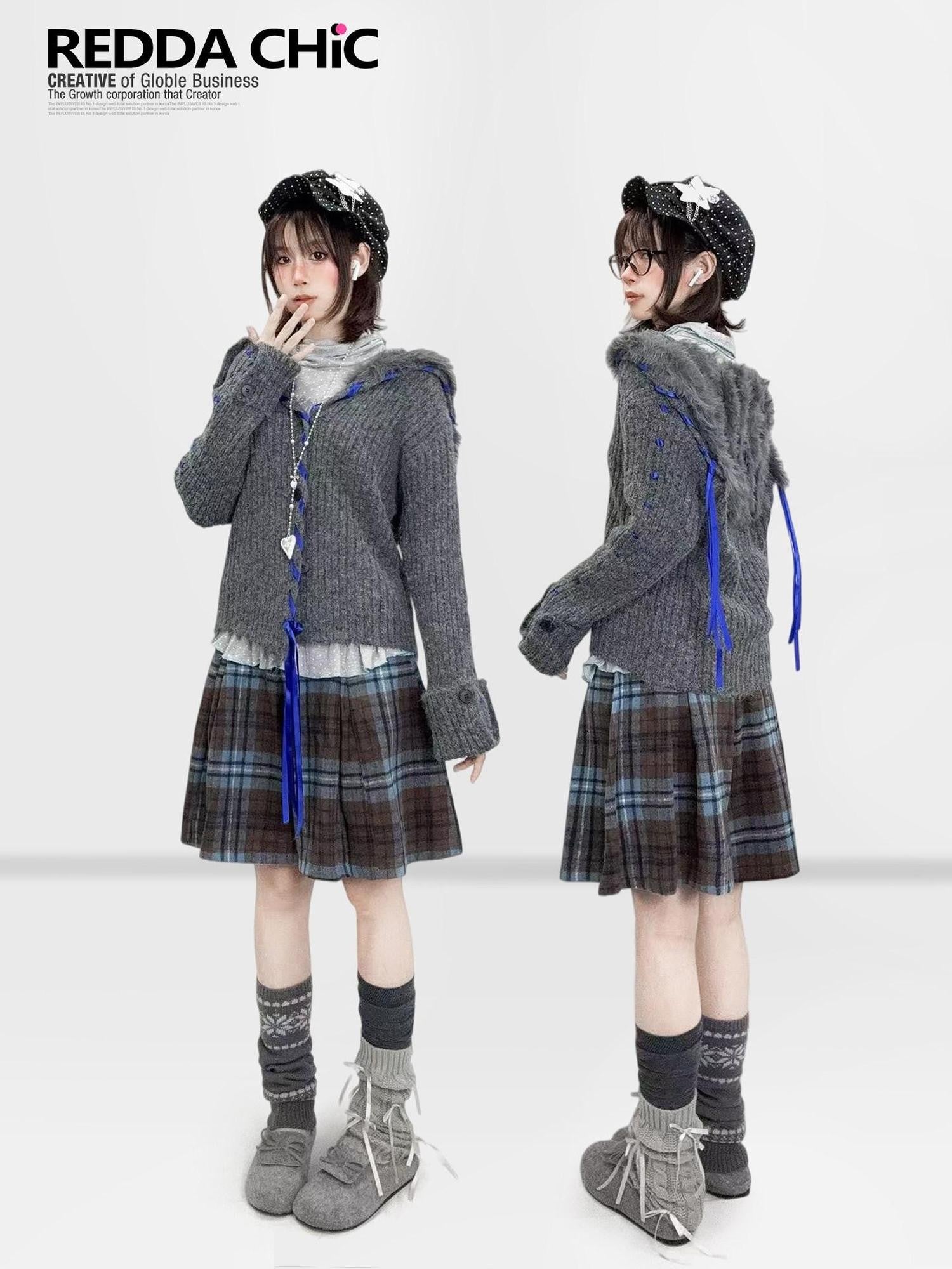 REDDACHIC Colorblock Plaid A Line High Waist Women'S Wool Blend Mini Skirts