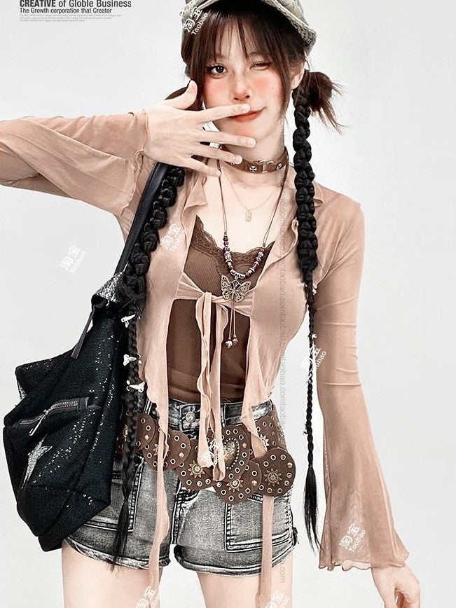REDDACHIC Cropped Irregular Ruffle V-neck Sun Protection Women'S Blouses