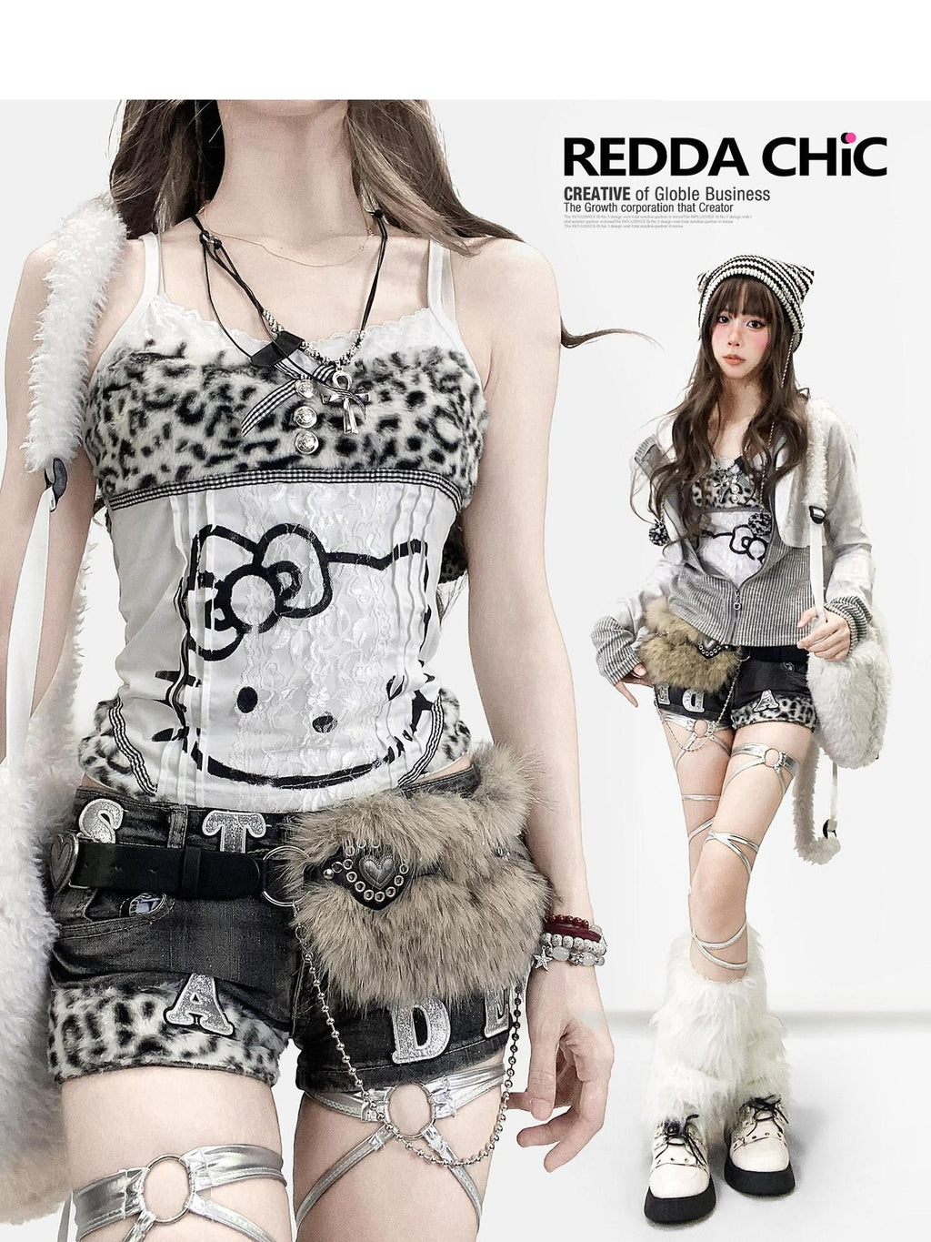 REDDACHIC Cute Cartoon Leopard Print Patchwork Cropped Slim Women'S Lace Camisoles
