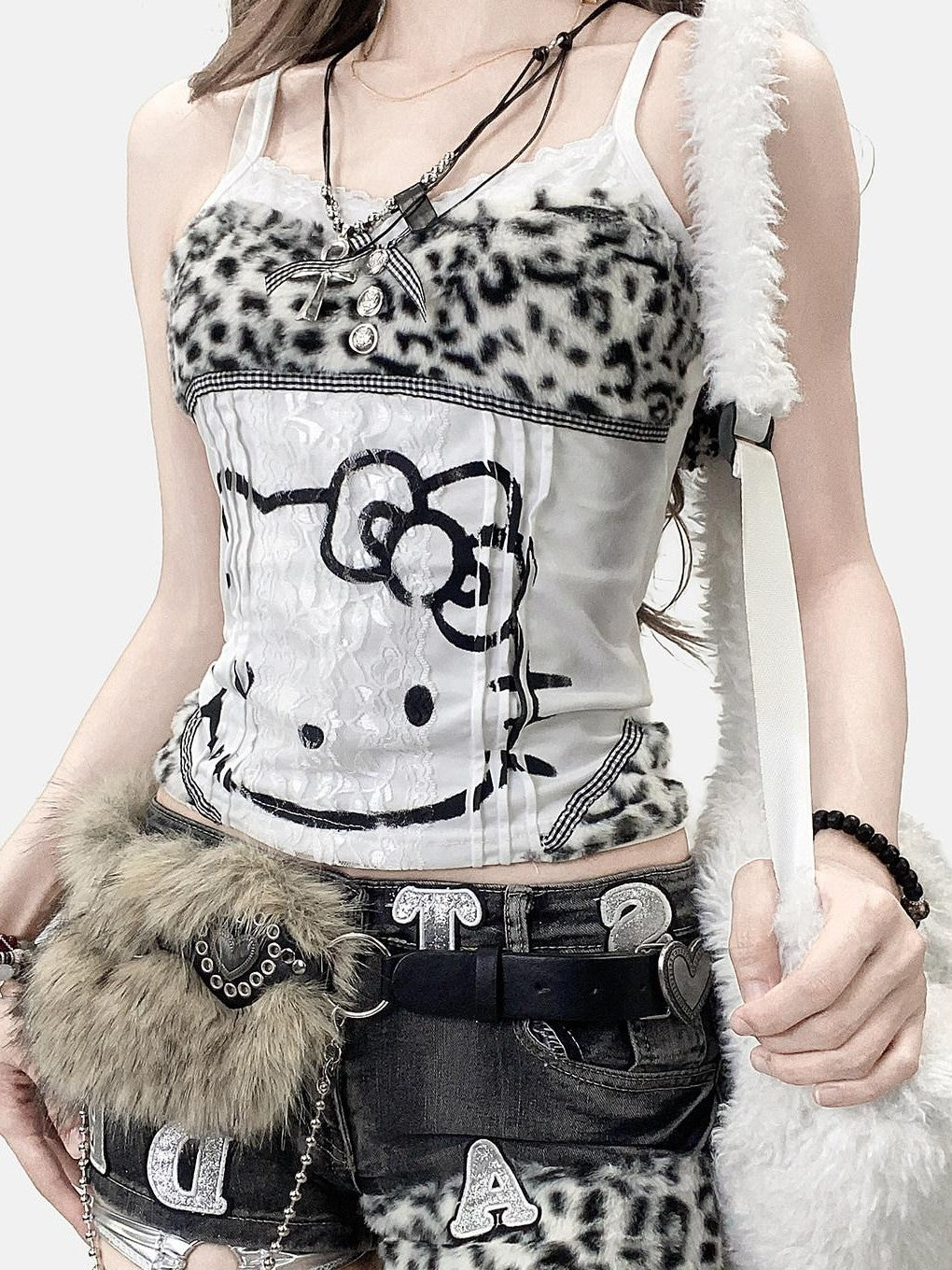 REDDACHIC Cute Cartoon Leopard Print Patchwork Cropped Slim Women'S Lace Camisoles
