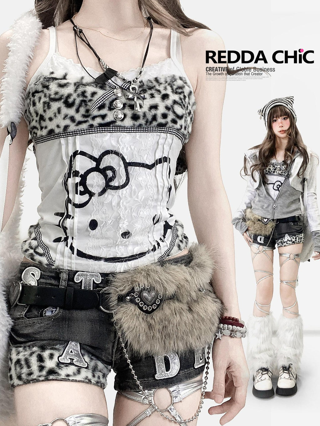 REDDACHIC Cute Cartoon Leopard Print Patchwork Cropped Slim Women'S Lace Camisoles