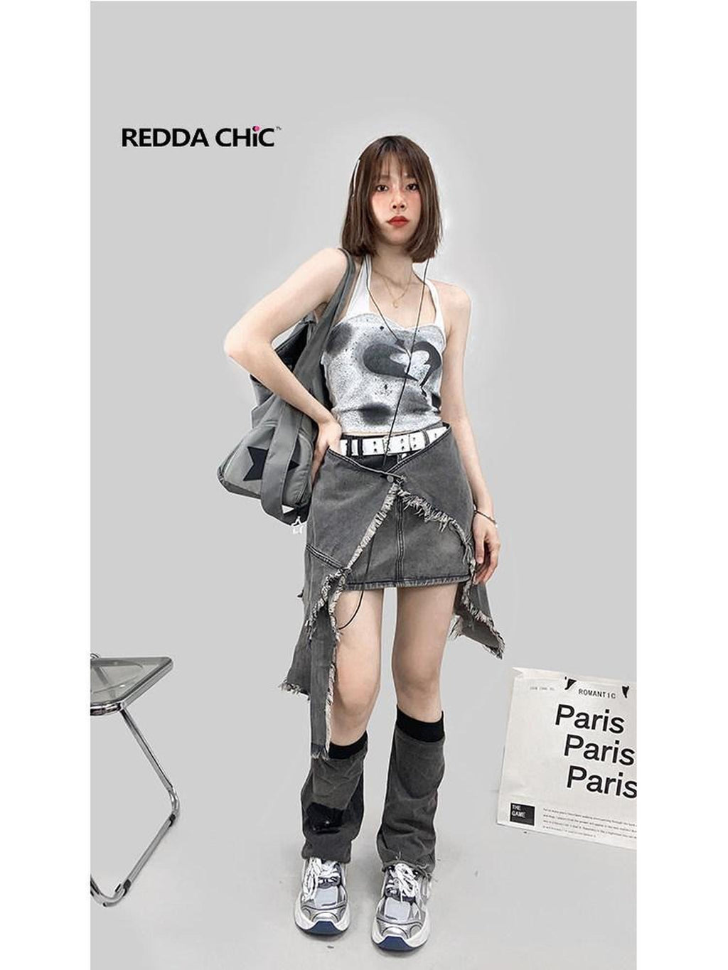 REDDACHIC Cyberpunk Asymmetric Ruffle Pocket High Waisted A Line Women'S Denim Midi Skirts