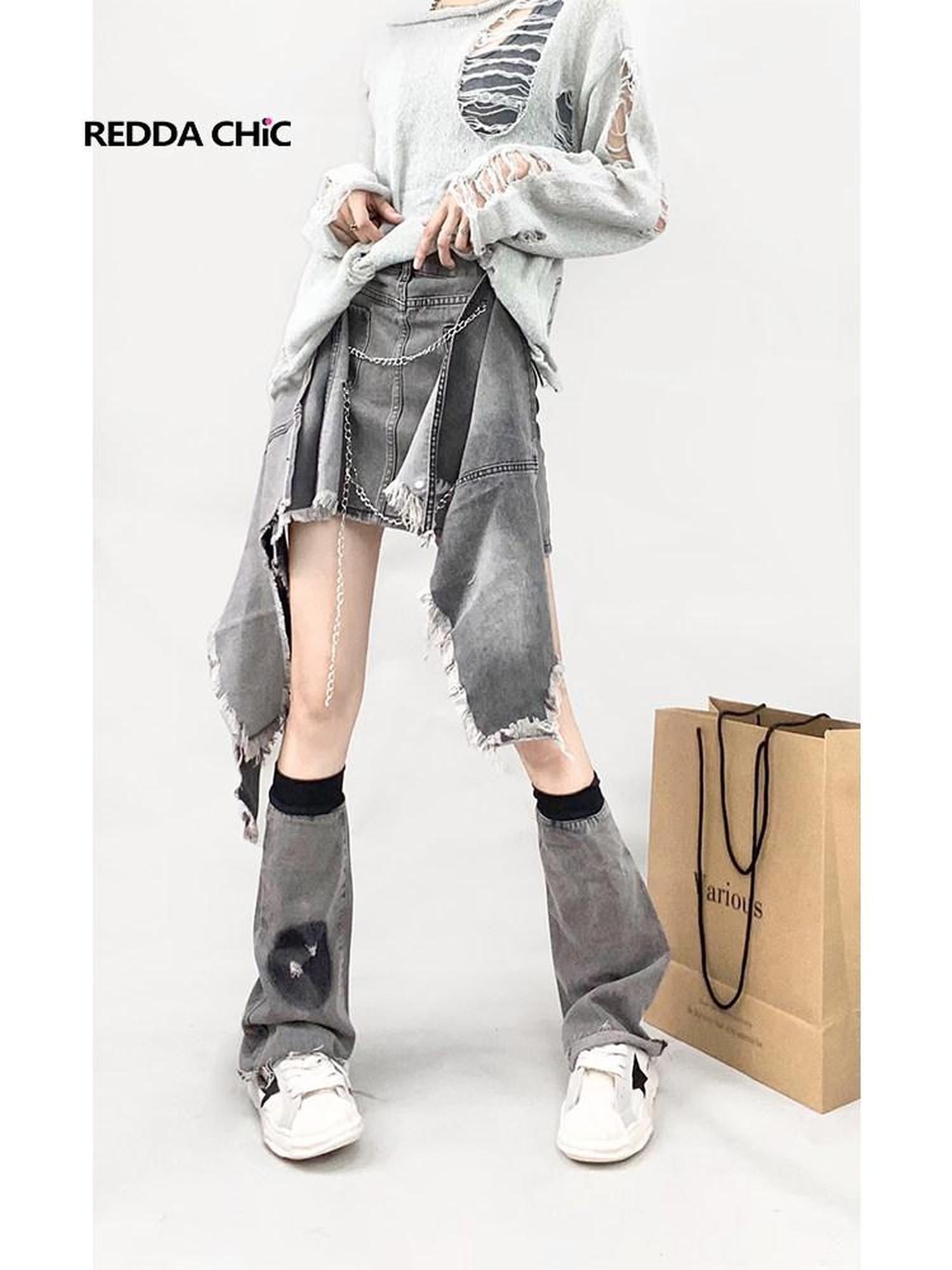 REDDACHIC Cyberpunk Asymmetric Ruffle Pocket High Waisted A Line Women'S Denim Midi Skirts