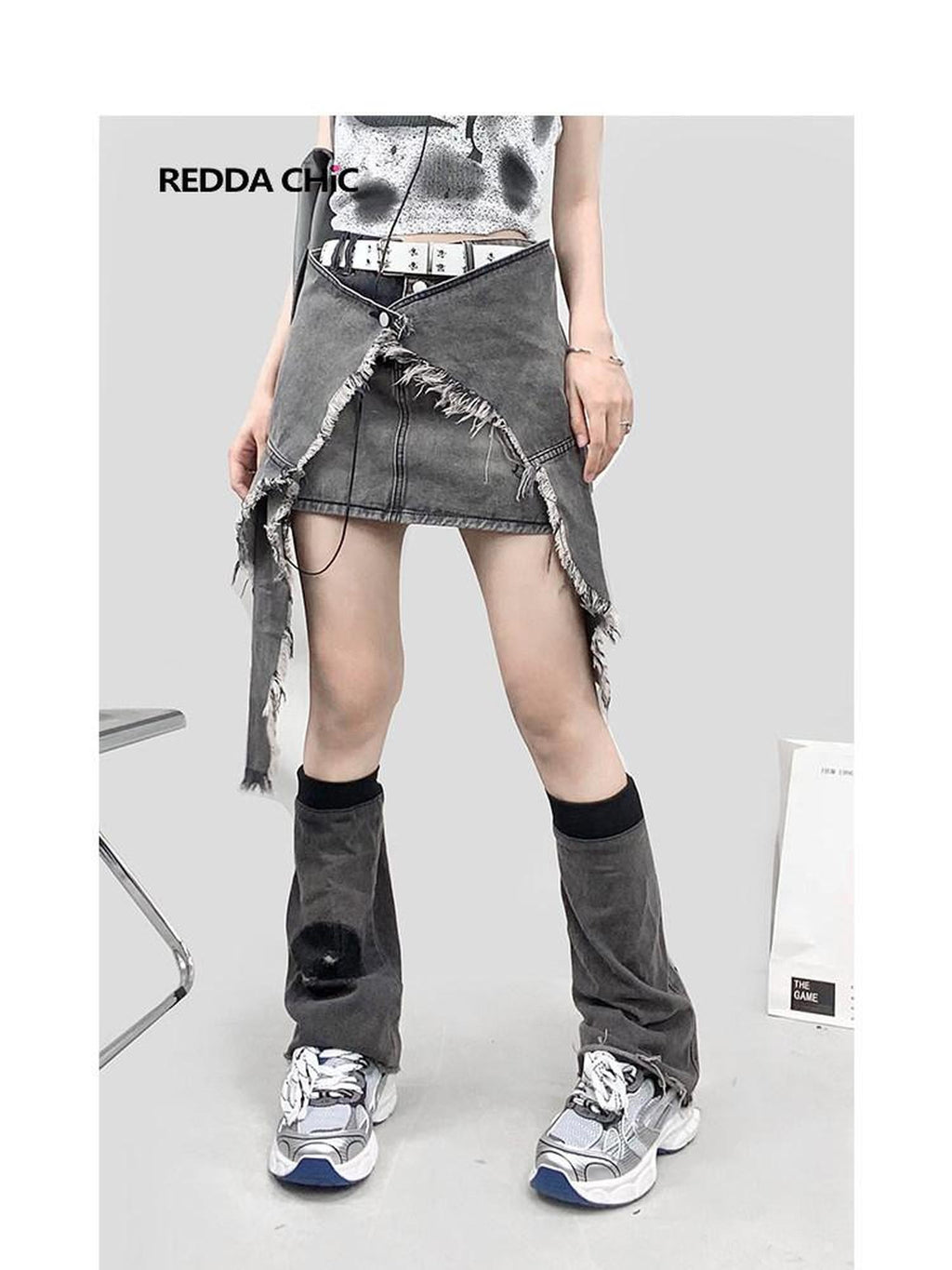 REDDACHIC Cyberpunk Asymmetric Ruffle Pocket High Waisted A Line Women'S Denim Midi Skirts