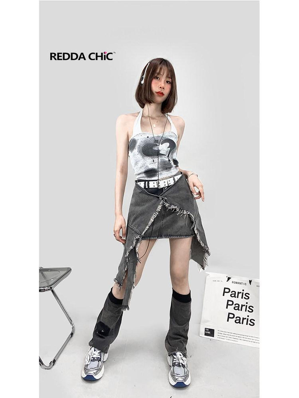 REDDACHIC Cyberpunk Asymmetric Ruffle Pocket High Waisted A Line Women'S Denim Midi Skirts
