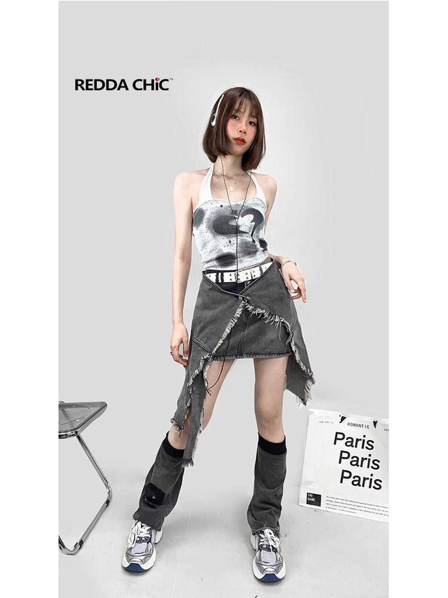REDDACHIC Cyberpunk Asymmetric Ruffle Pocket High Waisted A Line Women'S Denim Midi Skirts