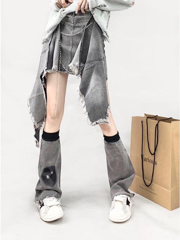 REDDACHIC Cyberpunk Asymmetric Ruffle Pocket High Waisted A Line Women'S Denim Midi Skirts