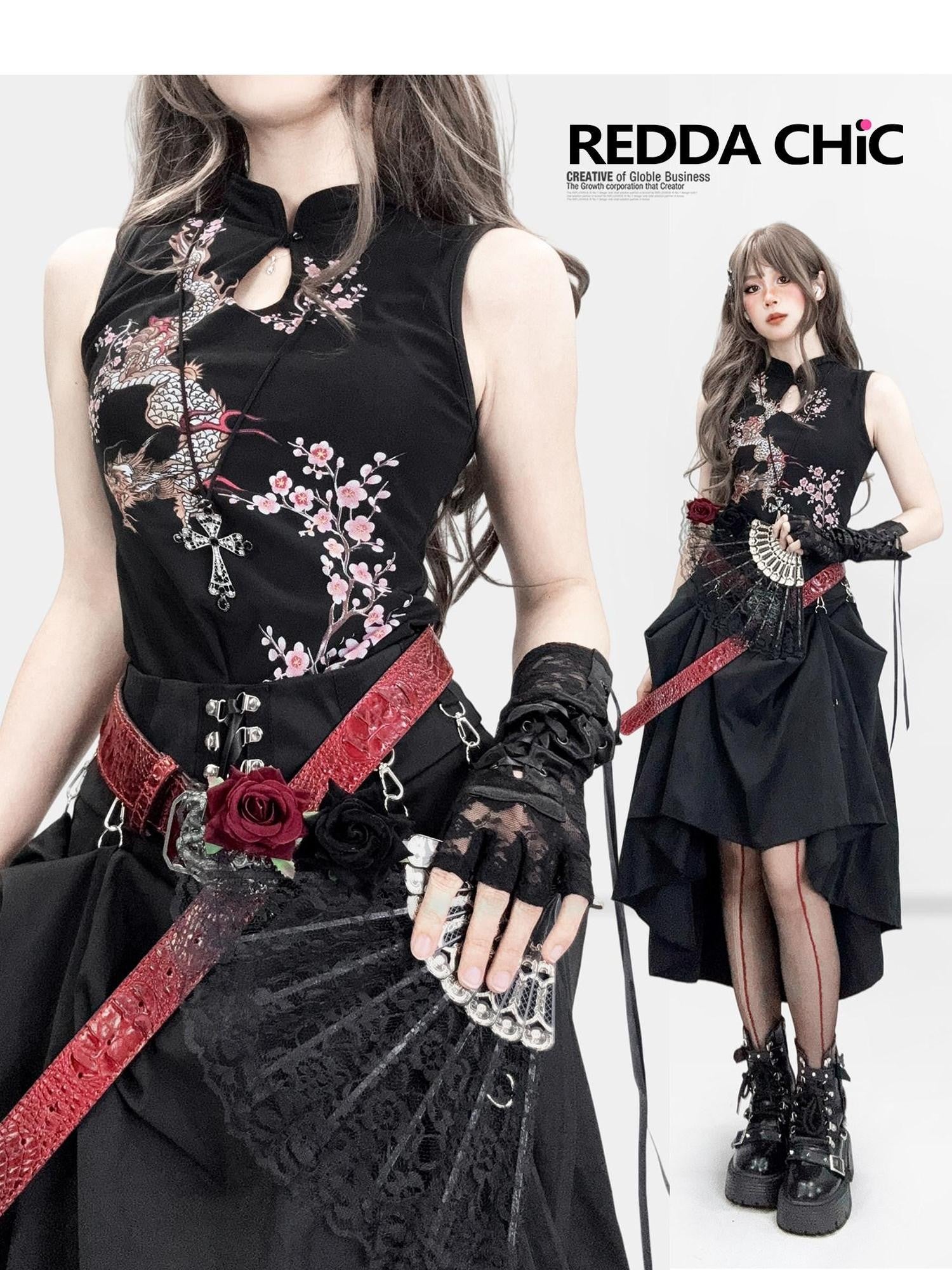 REDDACHIC Dark Cheongsam Inspired Floral Stand Collar Slim Women'S Mesh Midi Dresses
