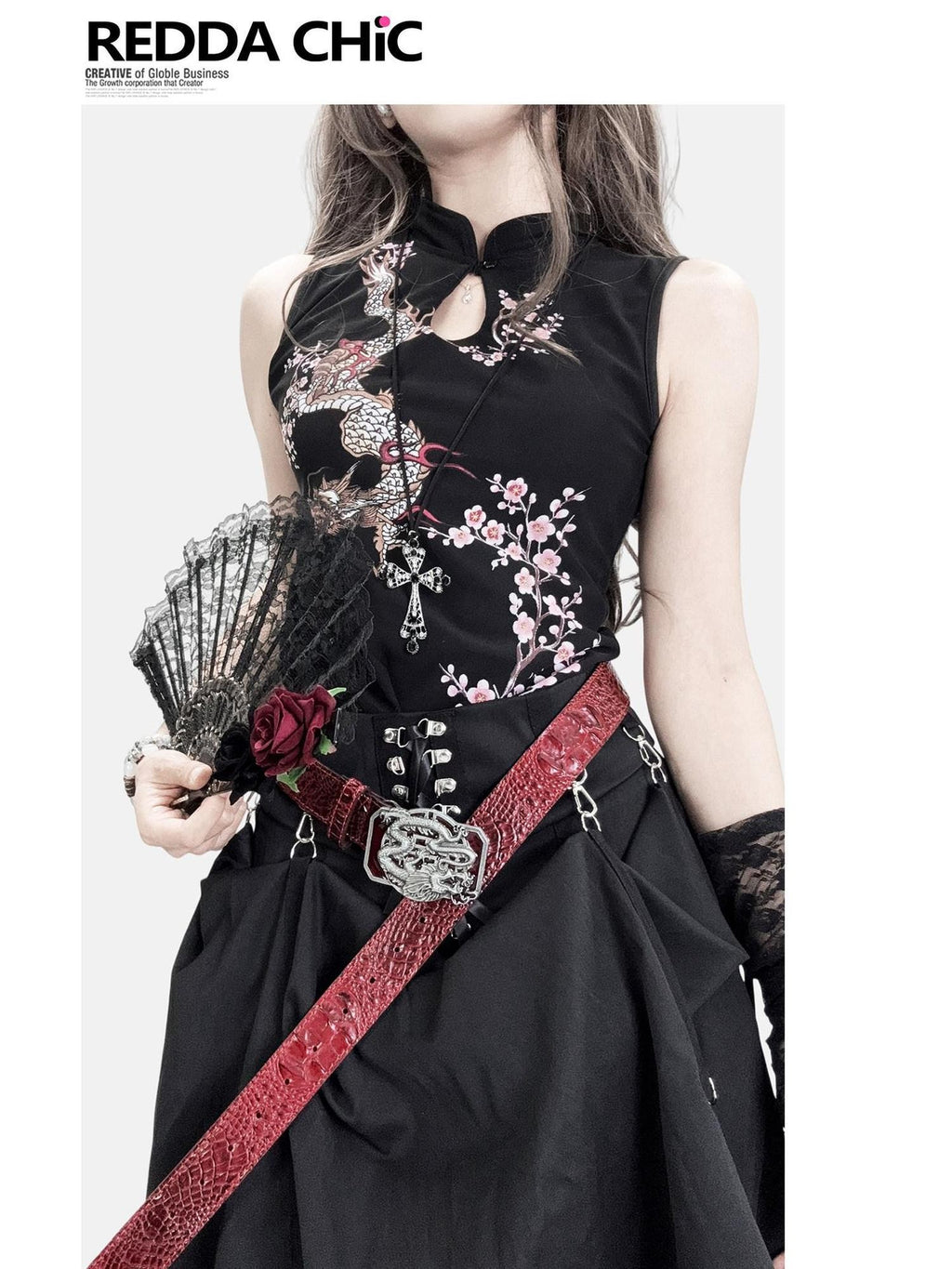 REDDACHIC Dark Cheongsam Inspired Floral Stand Collar Slim Women'S Mesh Midi Dresses