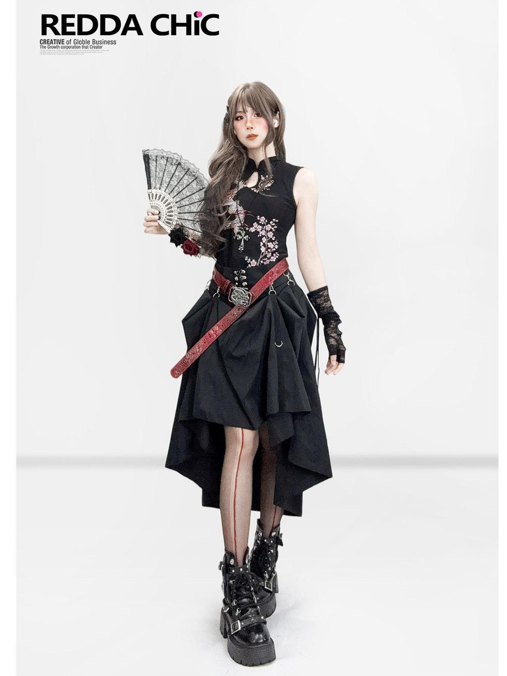 REDDACHIC Dark Cheongsam Inspired Floral Stand Collar Slim Women'S Mesh Midi Dresses